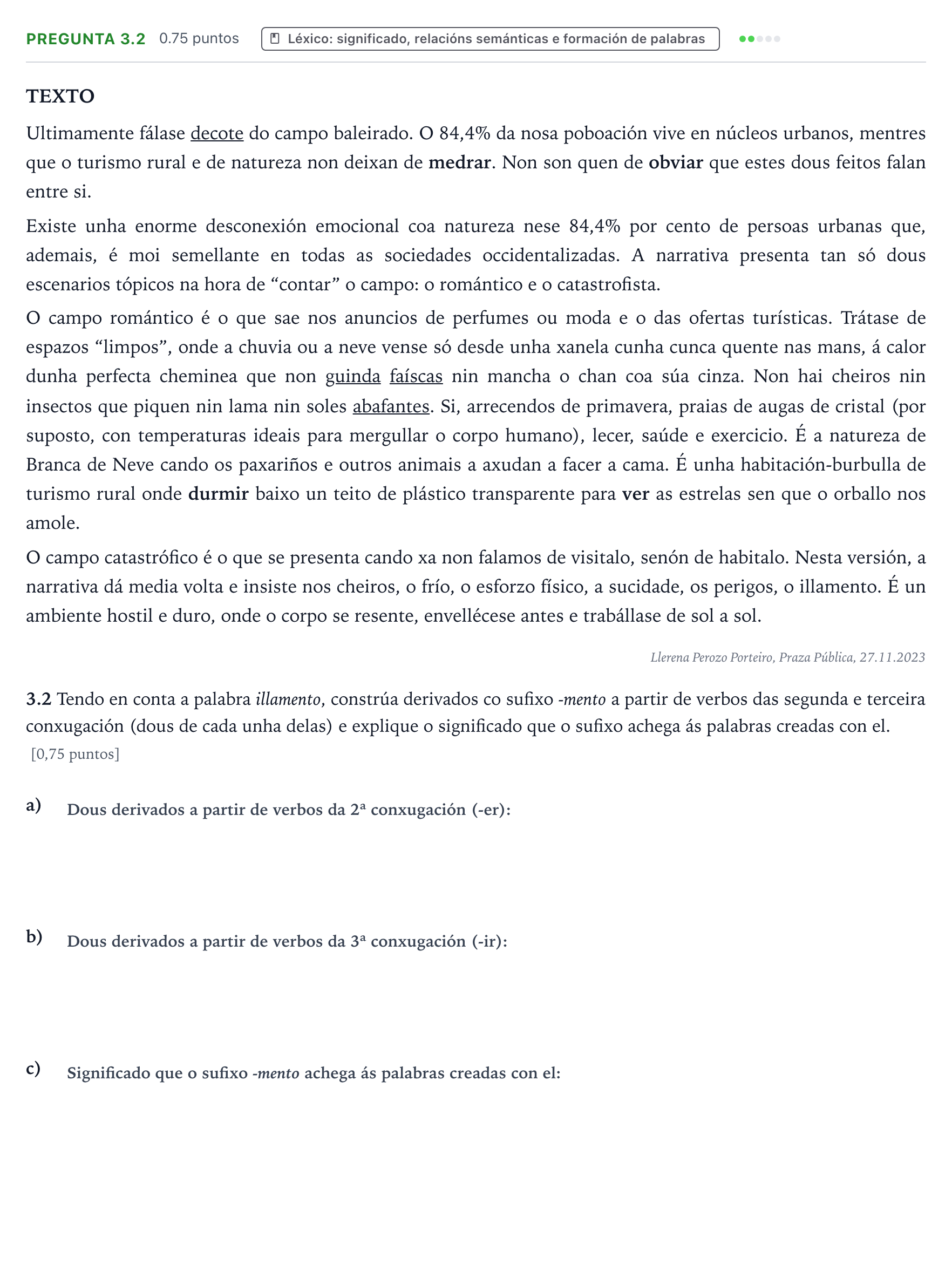 Enunciado: Pregunta 3.2 · Lingua Galega e Literatura II PAU Galicia Extraordinaria 2024