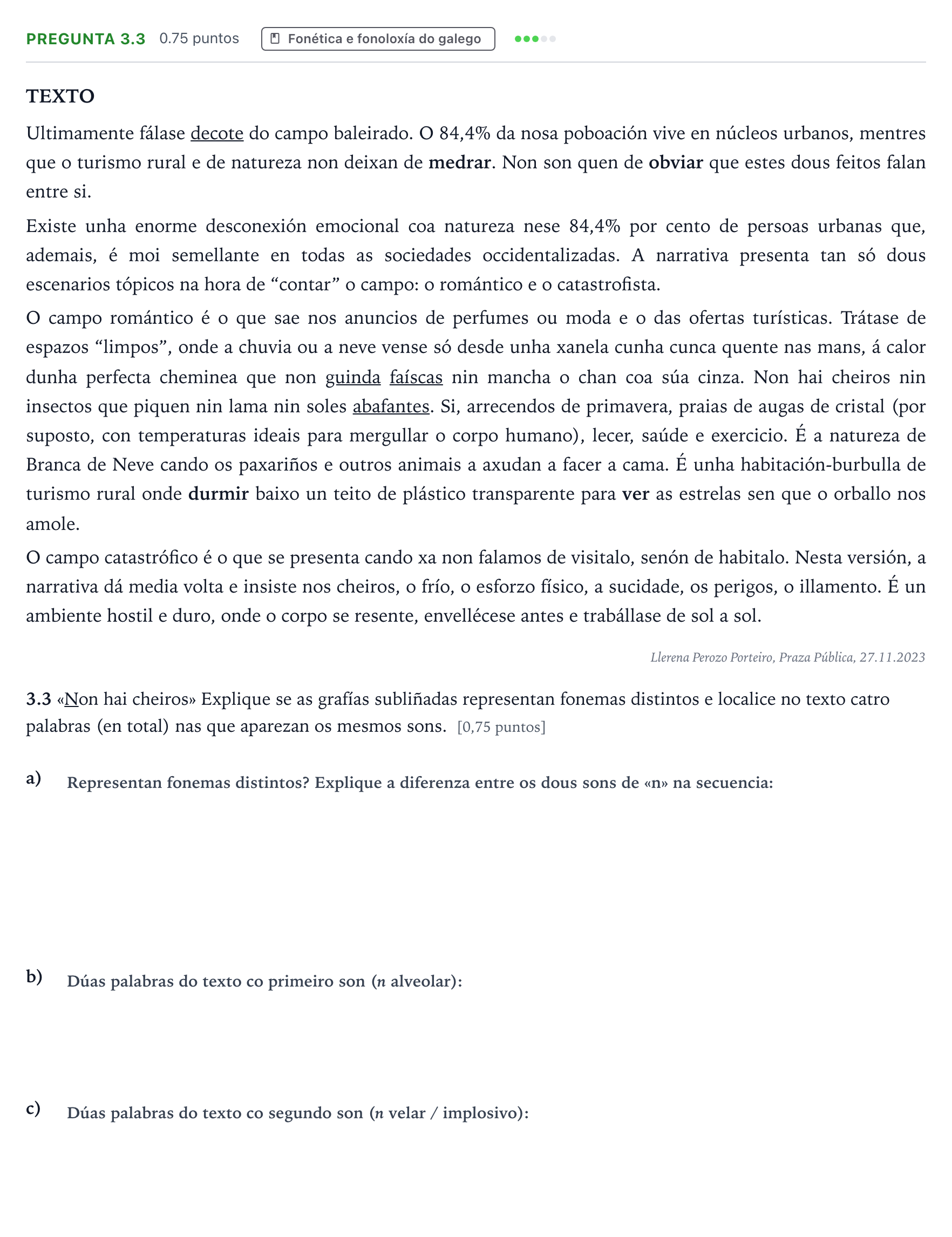 Enunciado: Pregunta 3.3 · Lingua Galega e Literatura II PAU Galicia Extraordinaria 2024
