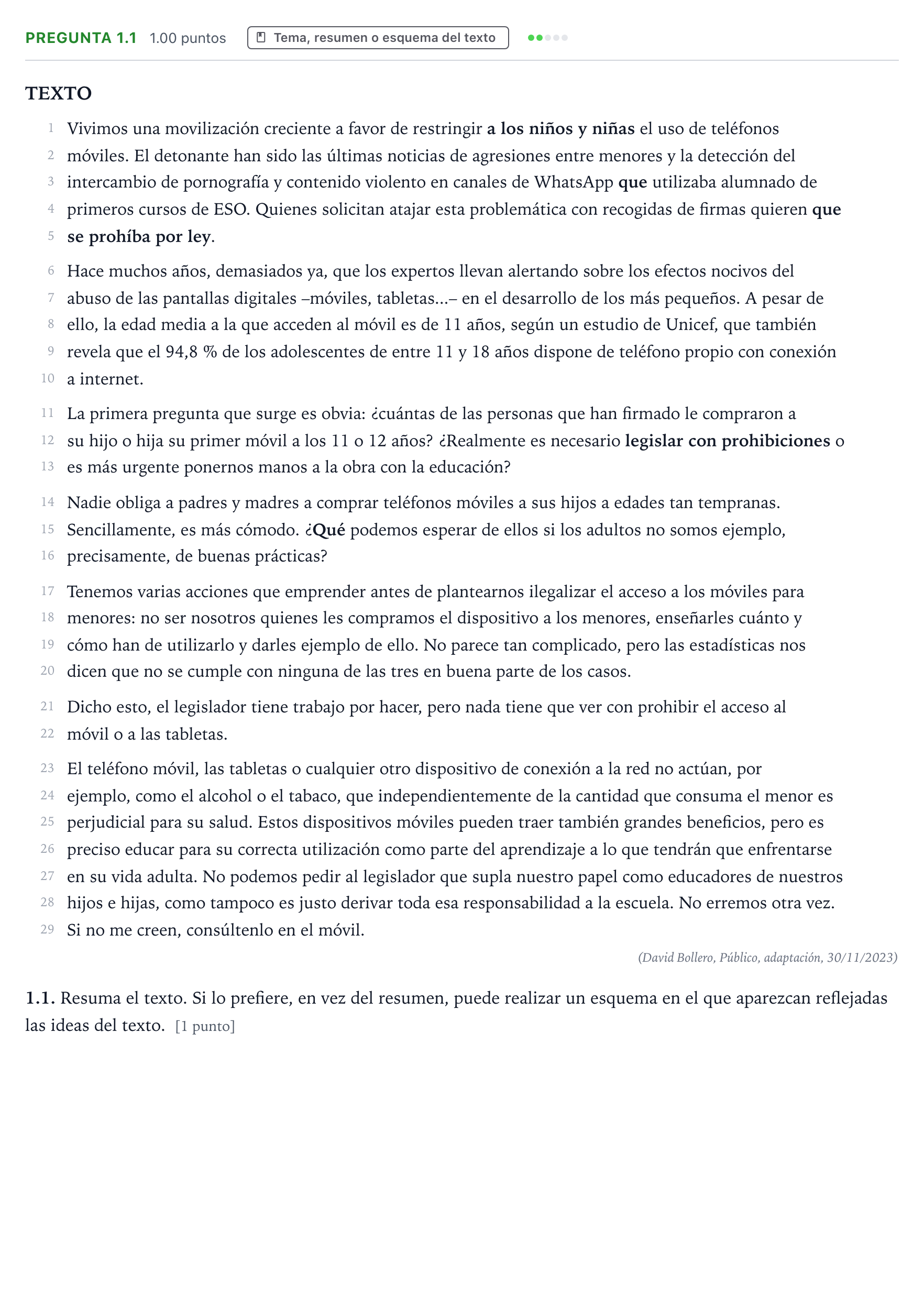 Enunciado: Pregunta 1.1 · Lengua Castellana y Literatura II PAU Galicia Extraordinaria 2024