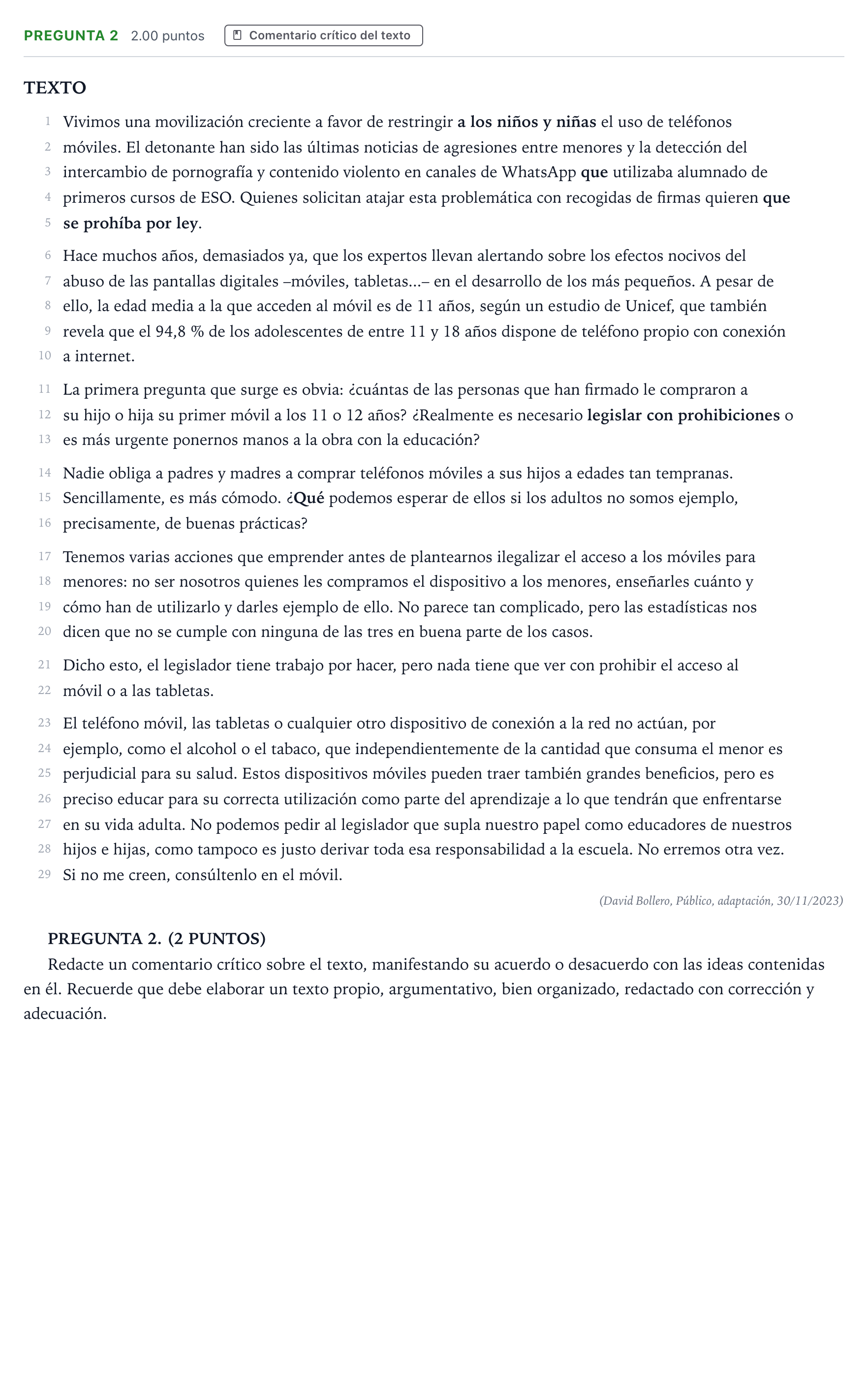 Enunciado: Pregunta 2 · Lengua Castellana y Literatura II PAU Galicia Extraordinaria 2024
