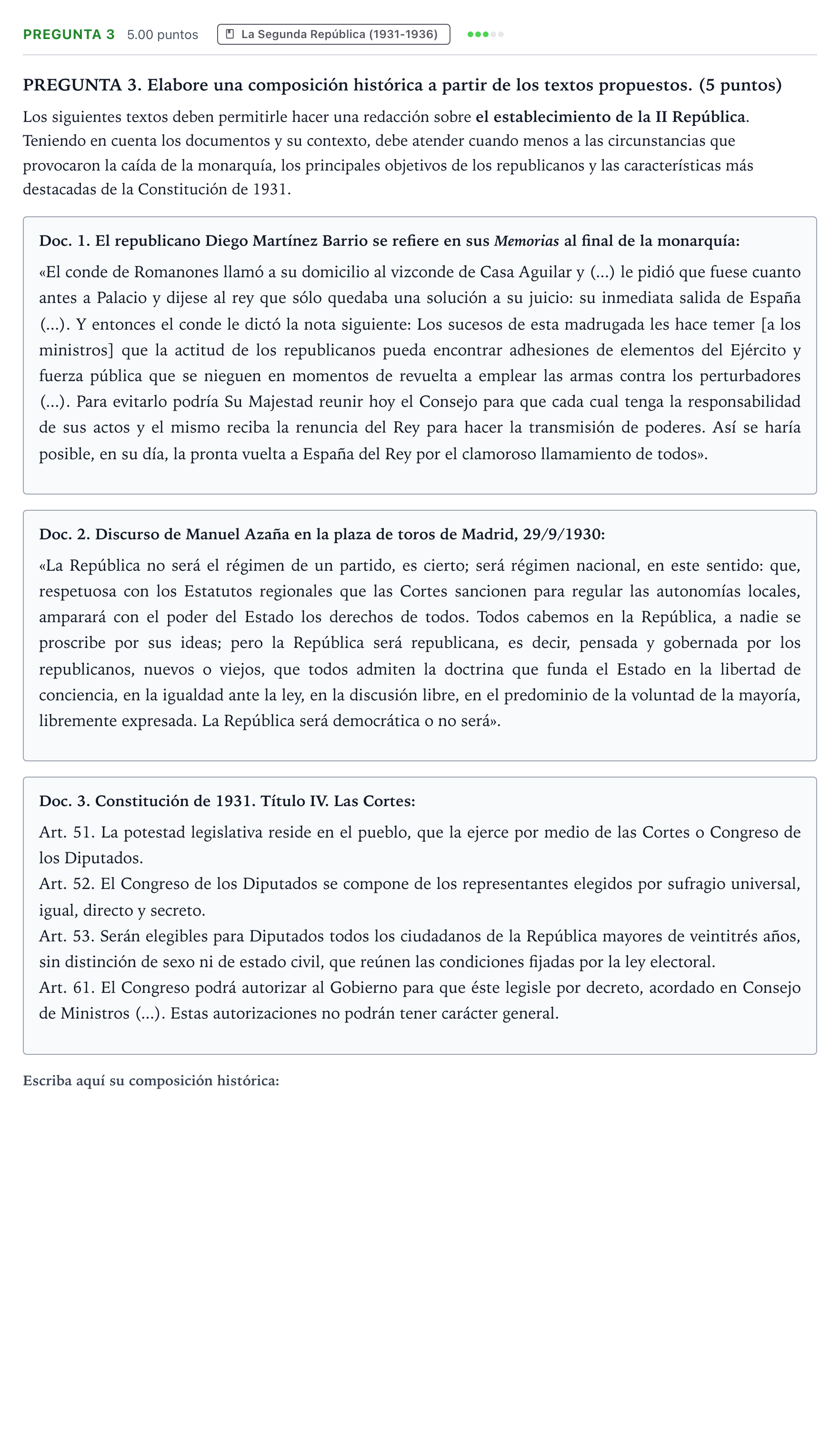 Enunciado: Pregunta 3 · Historia de España PAU Galicia Extraordinaria 2024