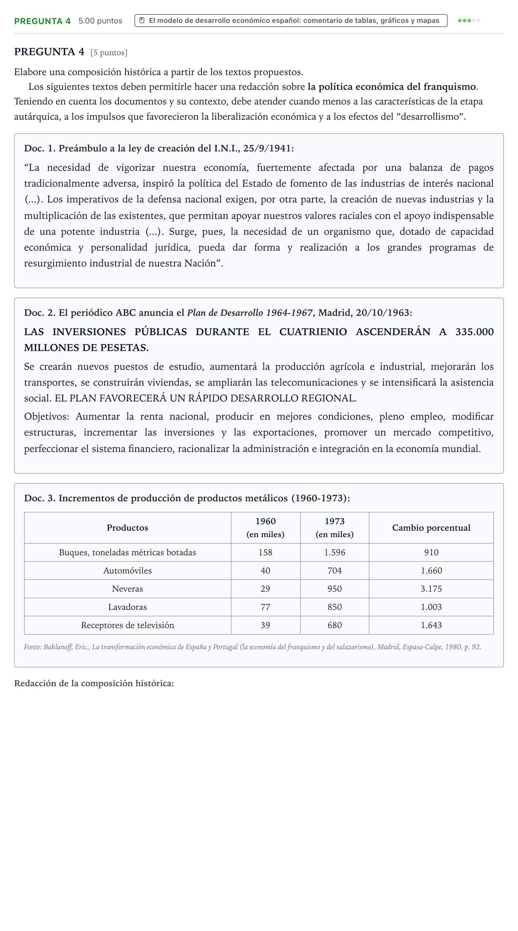 Enunciado: Pregunta 4 · Historia de España PAU Galicia Extraordinaria 2024
