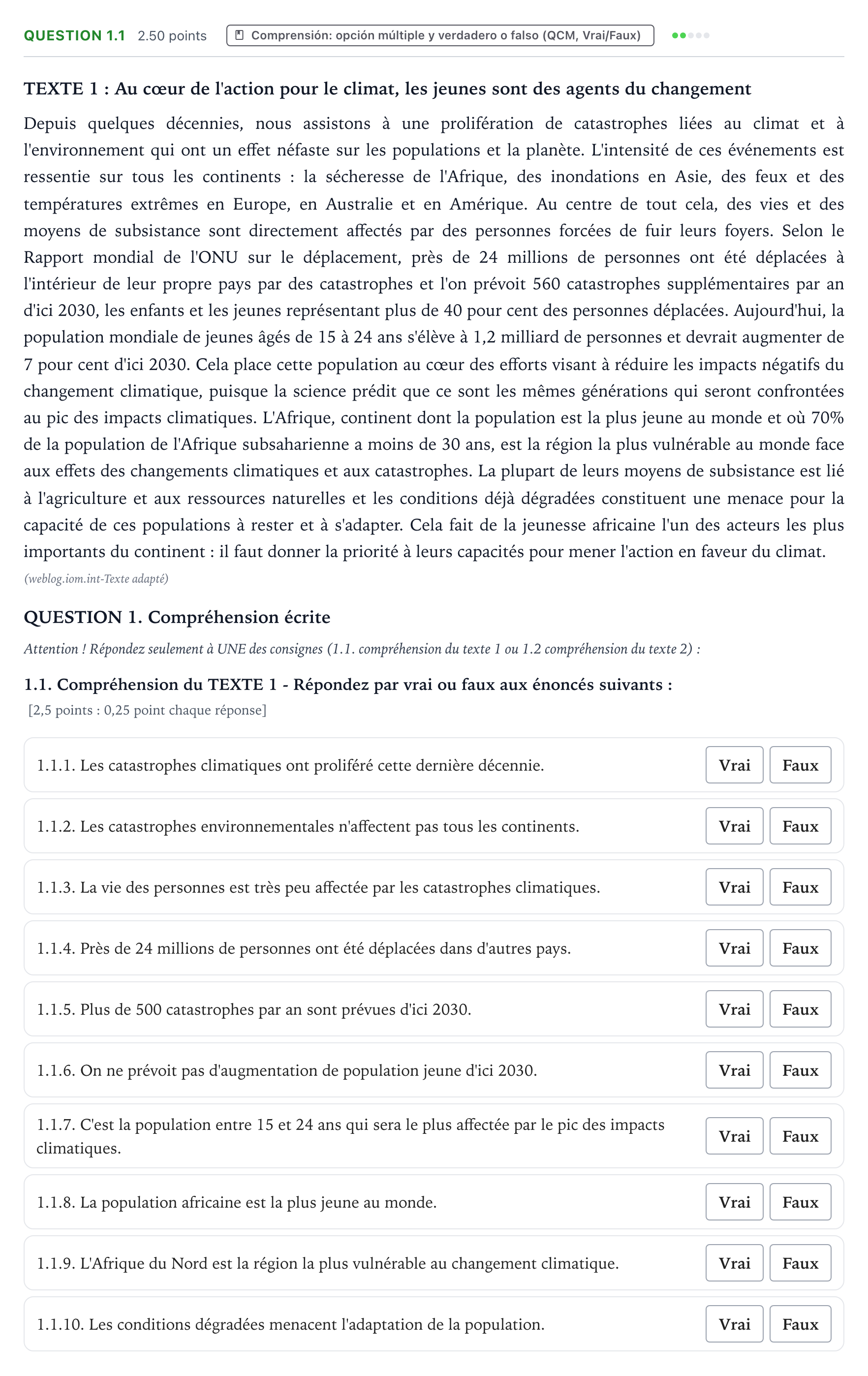 Enunciado: Question 1.1 · Francés PAU Galicia Extraordinaria 2024