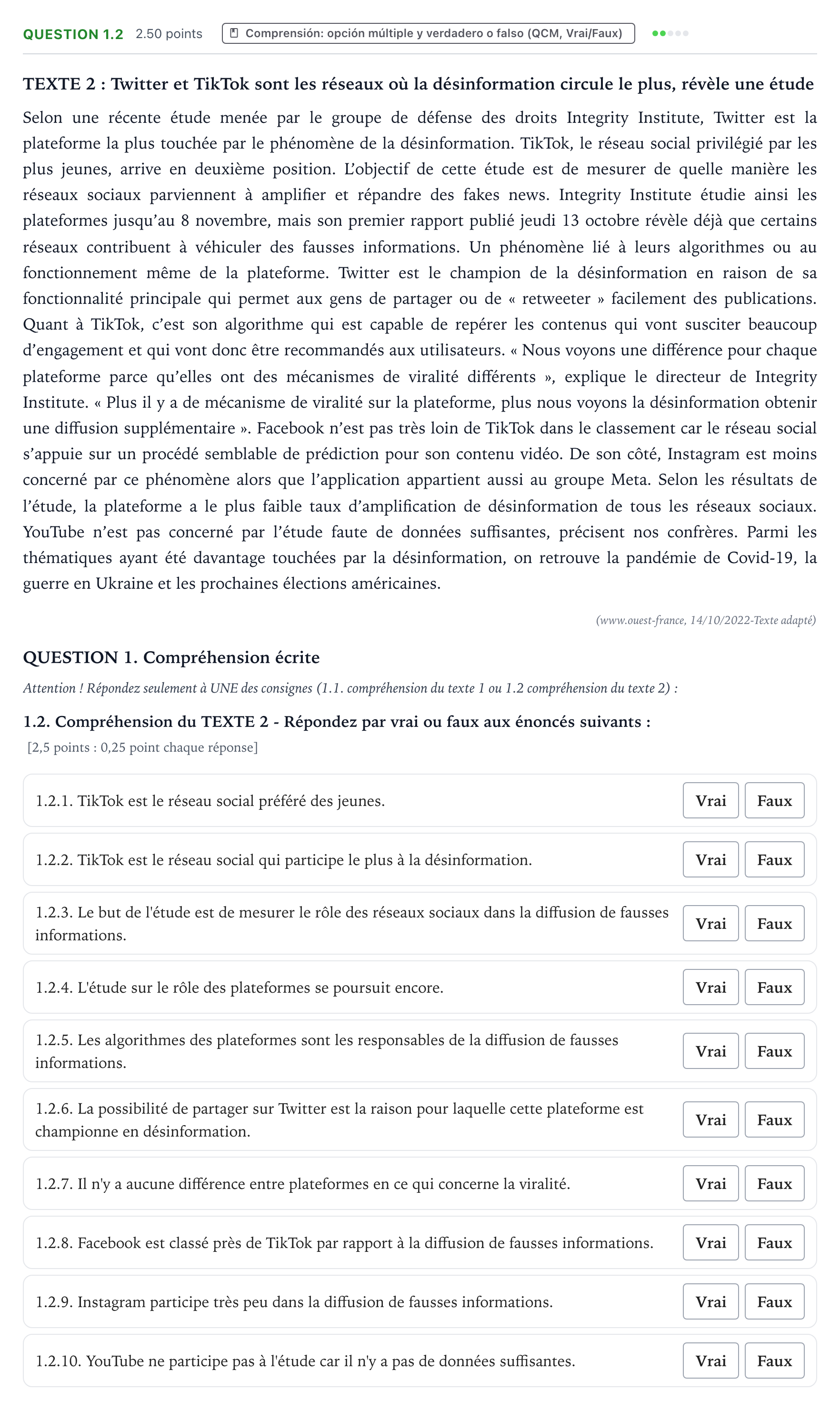 Enunciado: Question 1.2 · Francés PAU Galicia Extraordinaria 2024