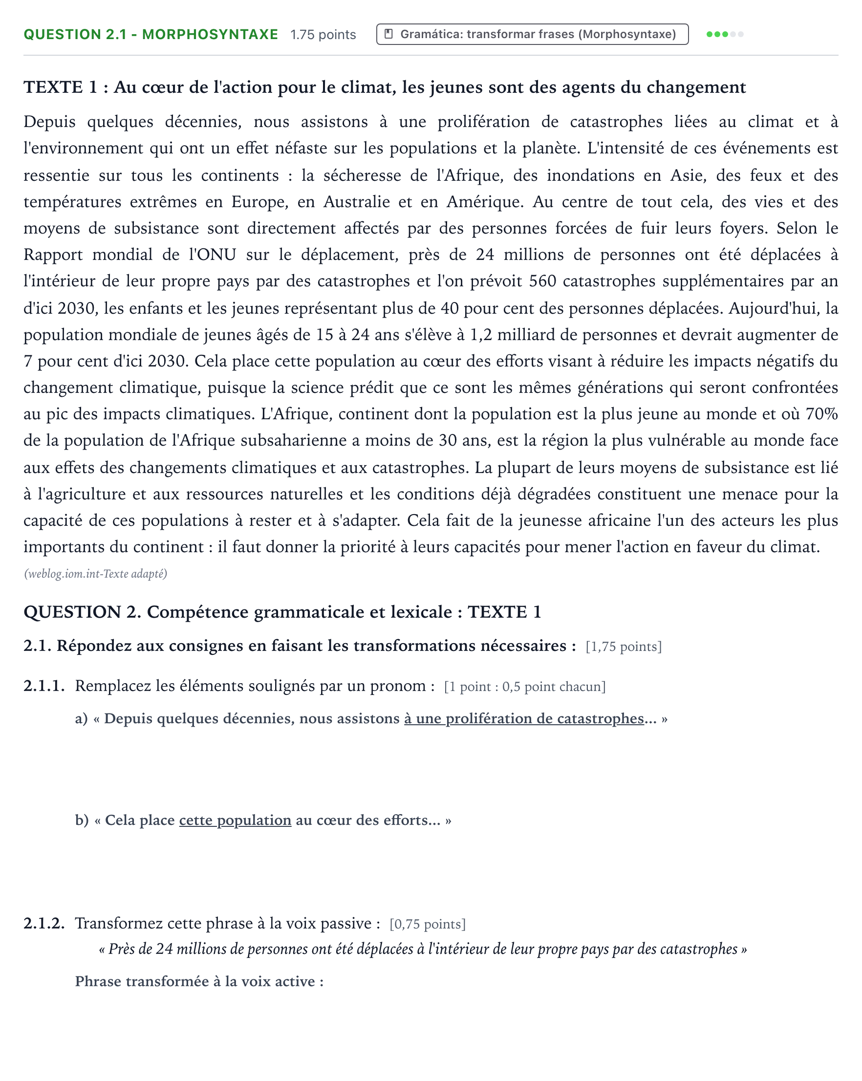 Enunciado: Question 2.1 - Morphosyntaxe · Francés PAU Galicia Extraordinaria 2024