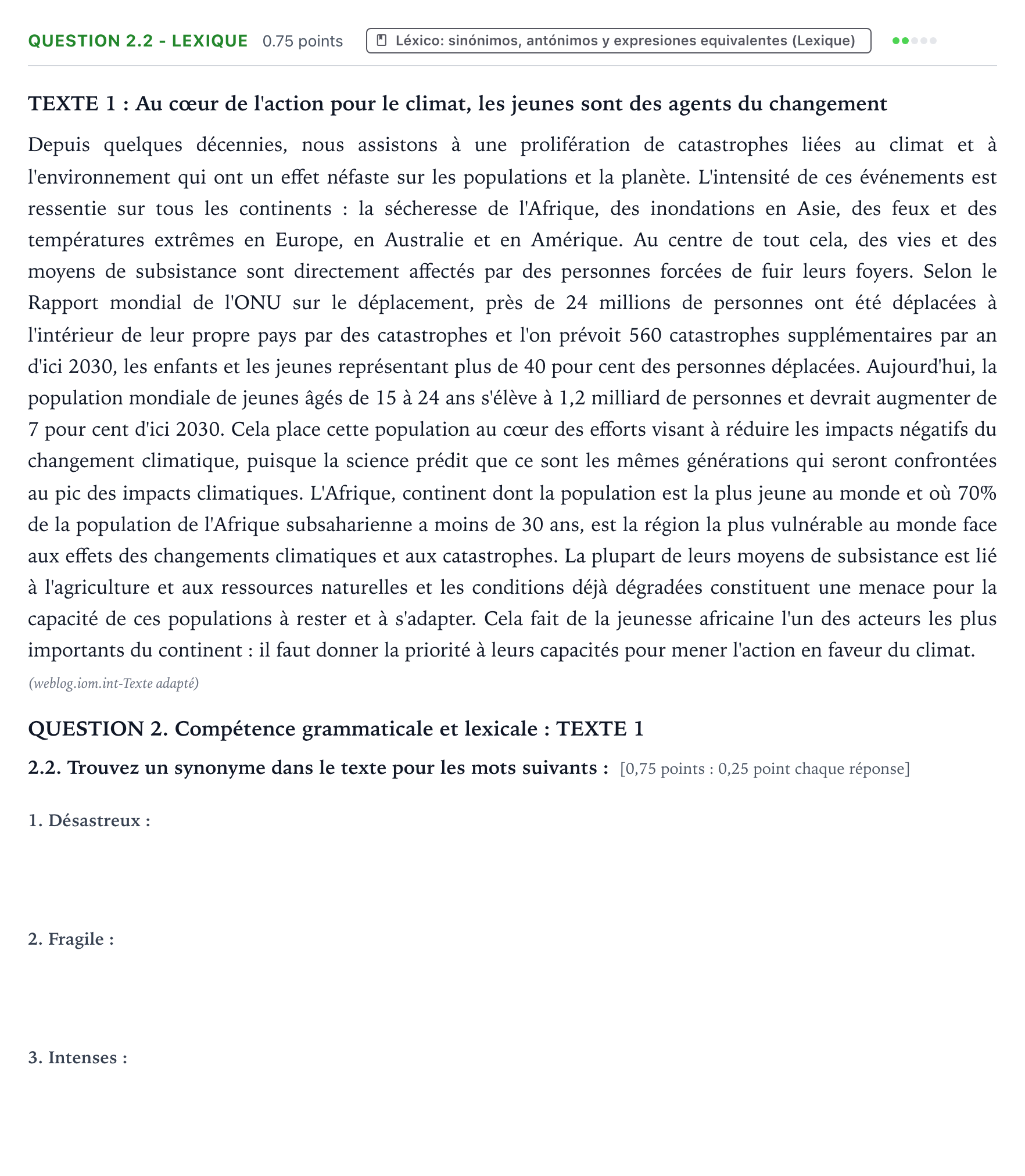 Enunciado: Question 2.2 - Lexique · Francés PAU Galicia Extraordinaria 2024
