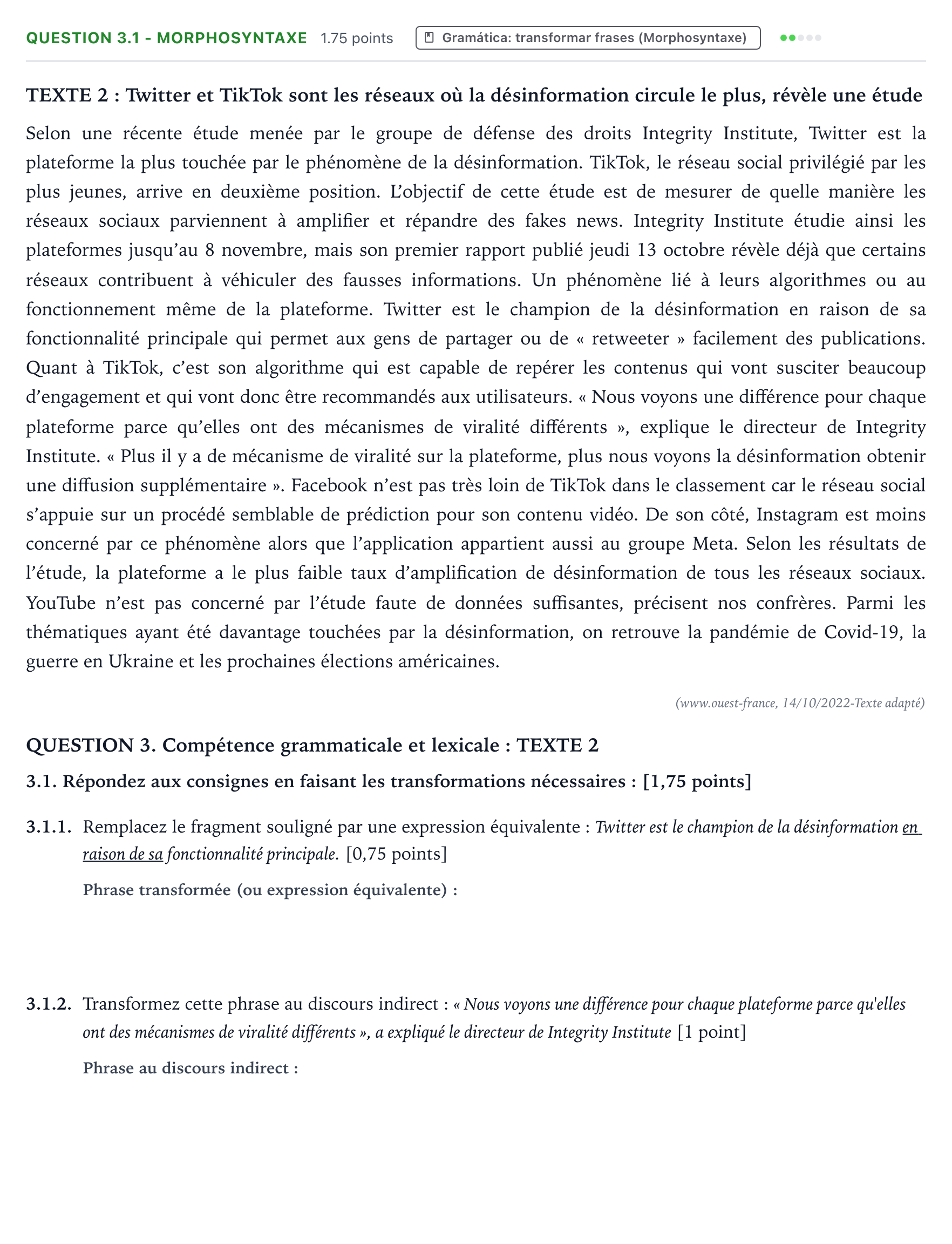 Enunciado: Question 3.1 - Morphosyntaxe · Francés PAU Galicia Extraordinaria 2024