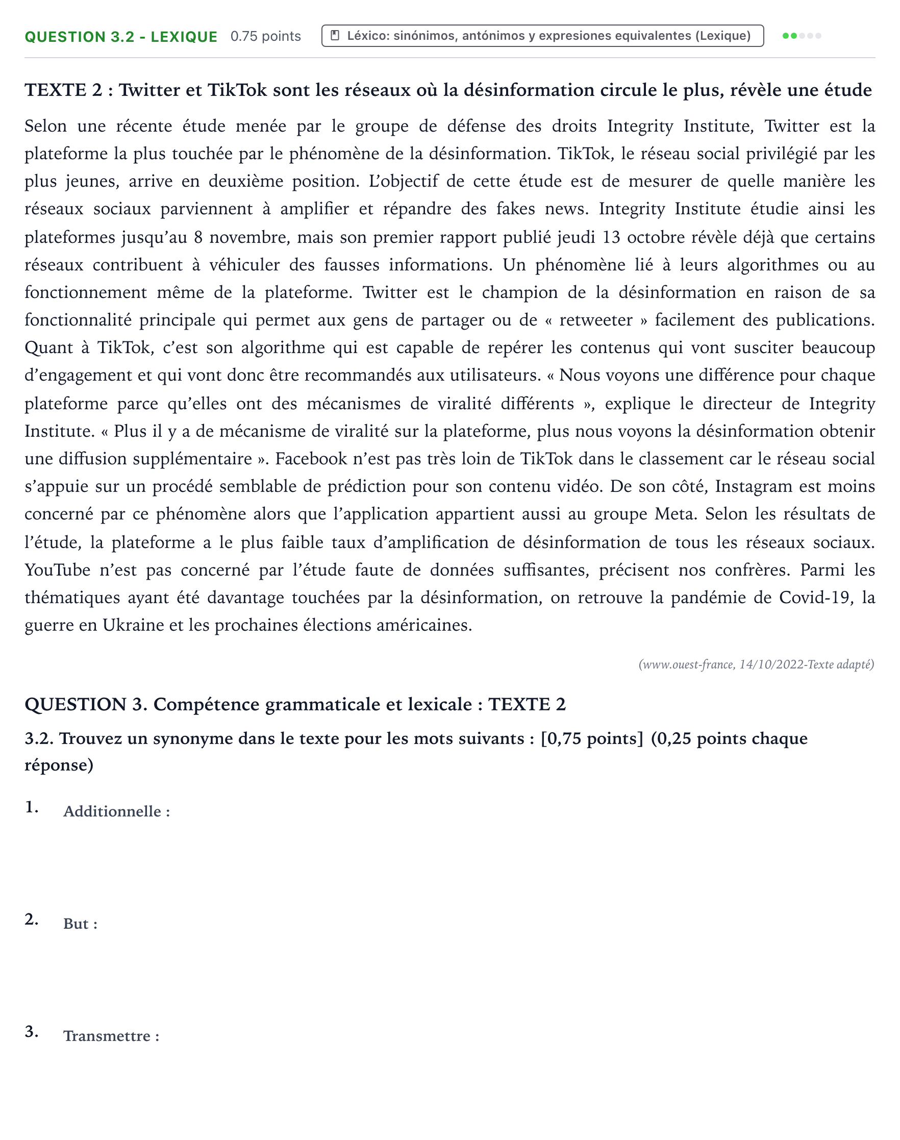 Enunciado: Question 3.2 - Lexique · Francés PAU Galicia Extraordinaria 2024