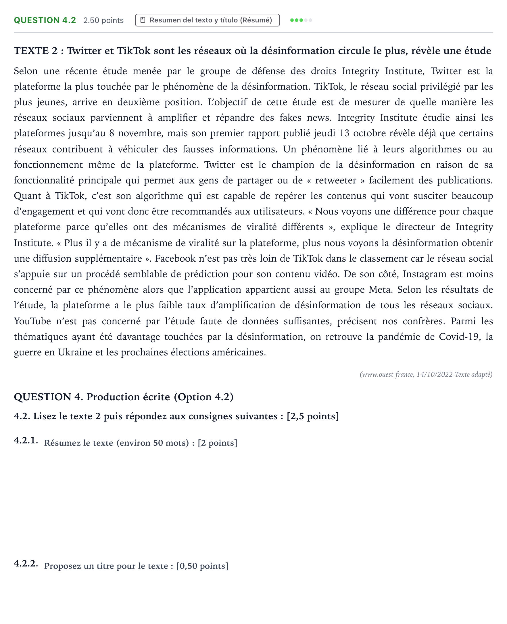Enunciado: Question 4.2 · Francés PAU Galicia Extraordinaria 2024