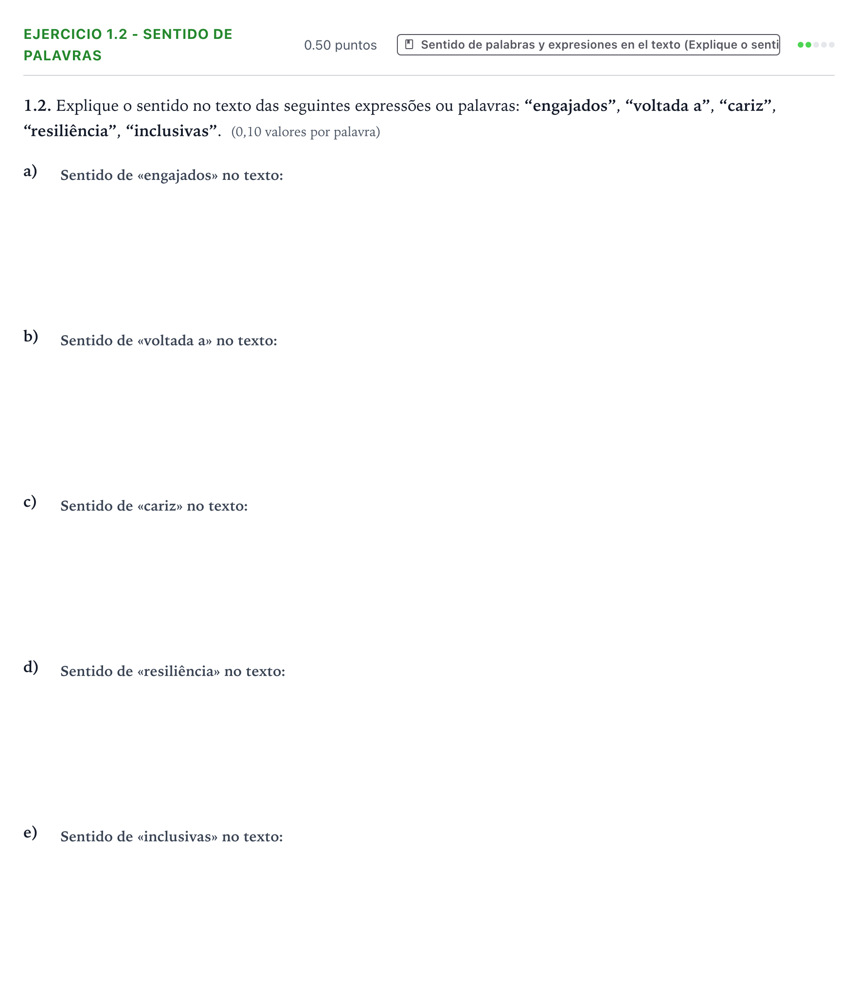 Enunciado: Ejercicio 1.2 - Sentido de palavras · Portugués PAU Galicia Ordinaria 2024