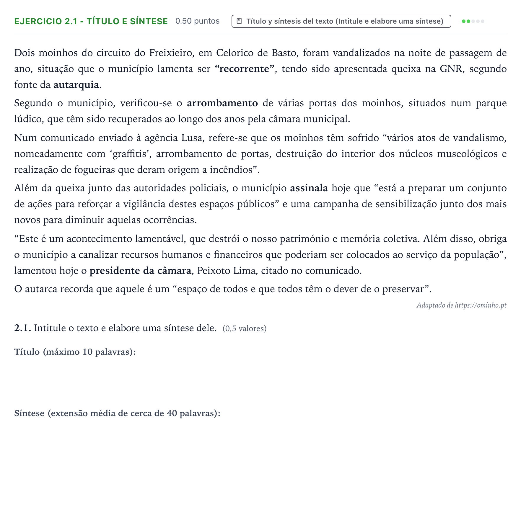 Enunciado: Ejercicio 2.1 - Título e síntese · Portugués PAU Galicia Ordinaria 2024