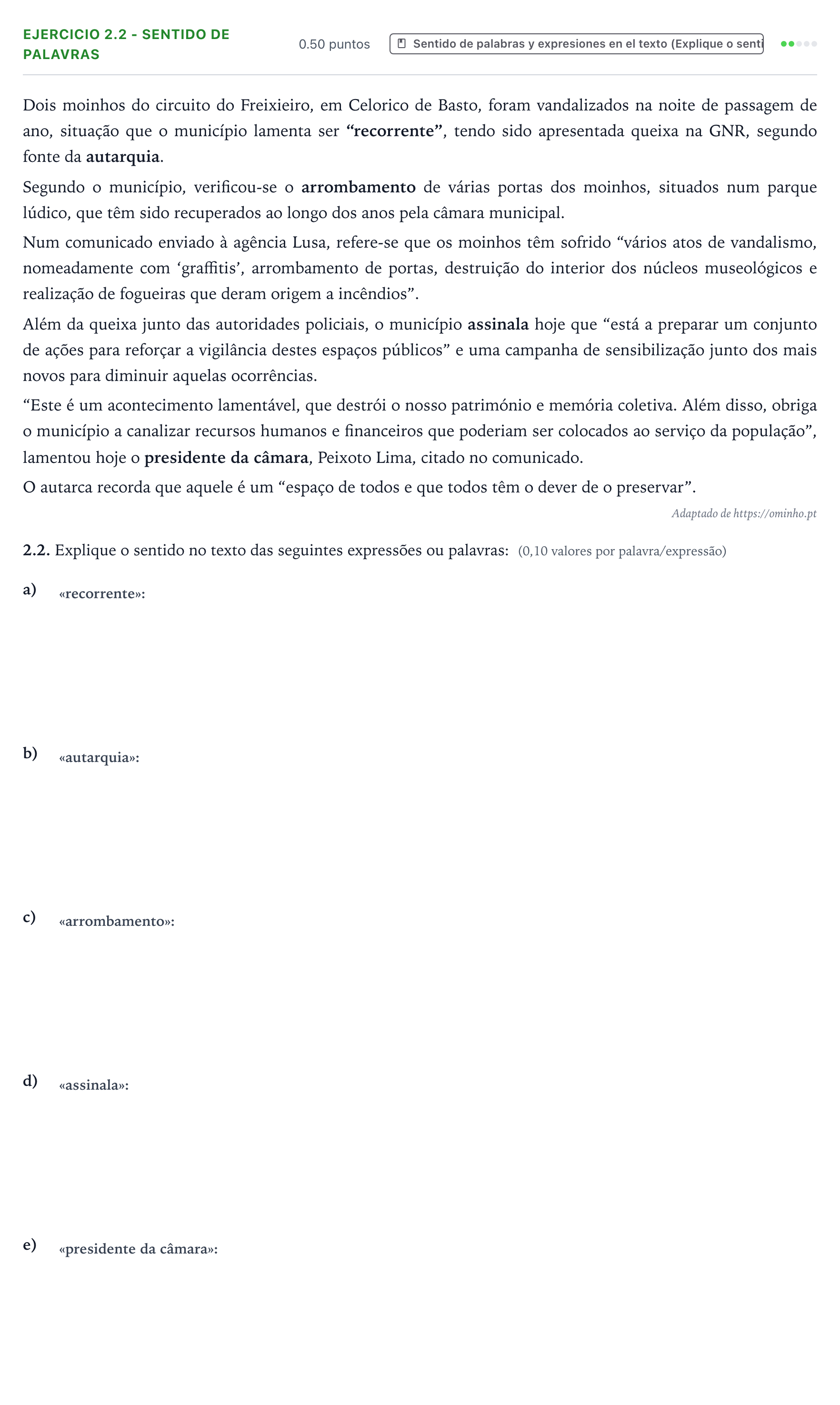 Enunciado: Ejercicio 2.2 - Sentido de palavras · Portugués PAU Galicia Ordinaria 2024
