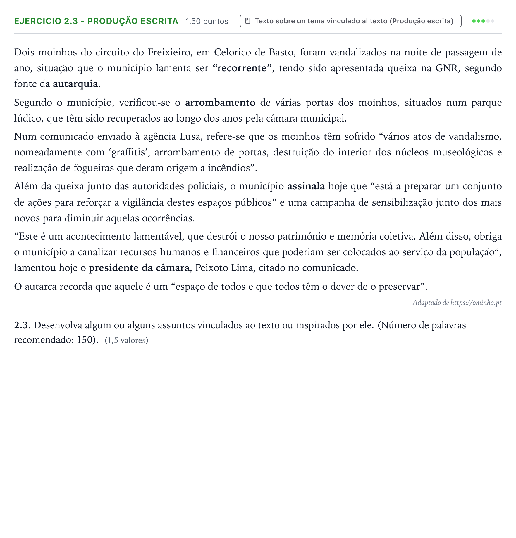 Enunciado: Ejercicio 2.3 - Produção escrita · Portugués PAU Galicia Ordinaria 2024