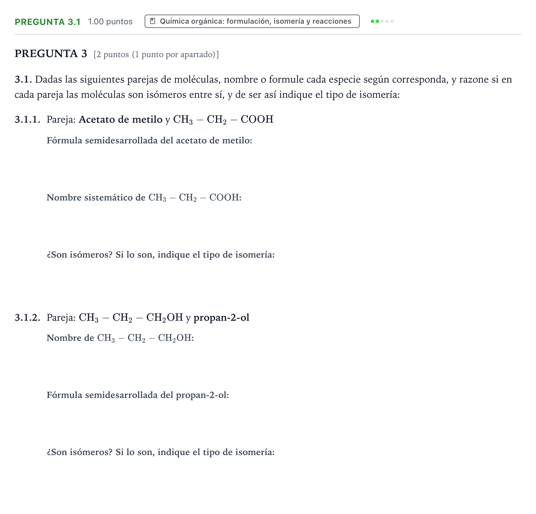 Enunciado: Pregunta 3.1 · Química PAU Galicia Ordinaria 2024