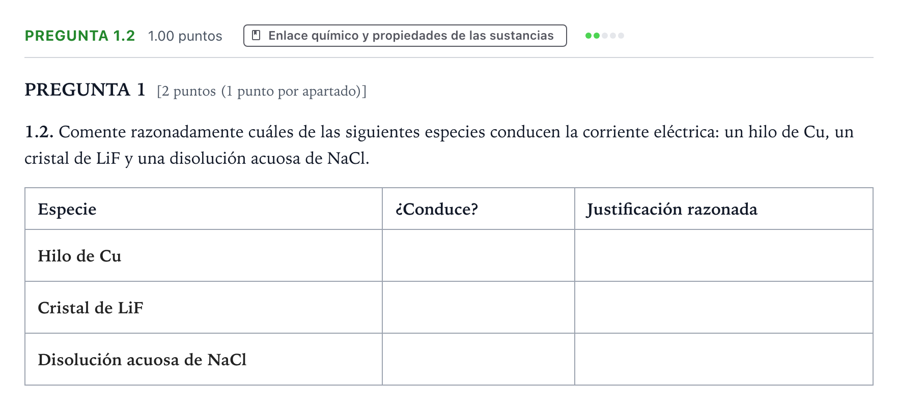 Enunciado: Pregunta 1.2 - Enlace químico y propiedades de la… · Química PAU Galicia Extraordinaria 2024
