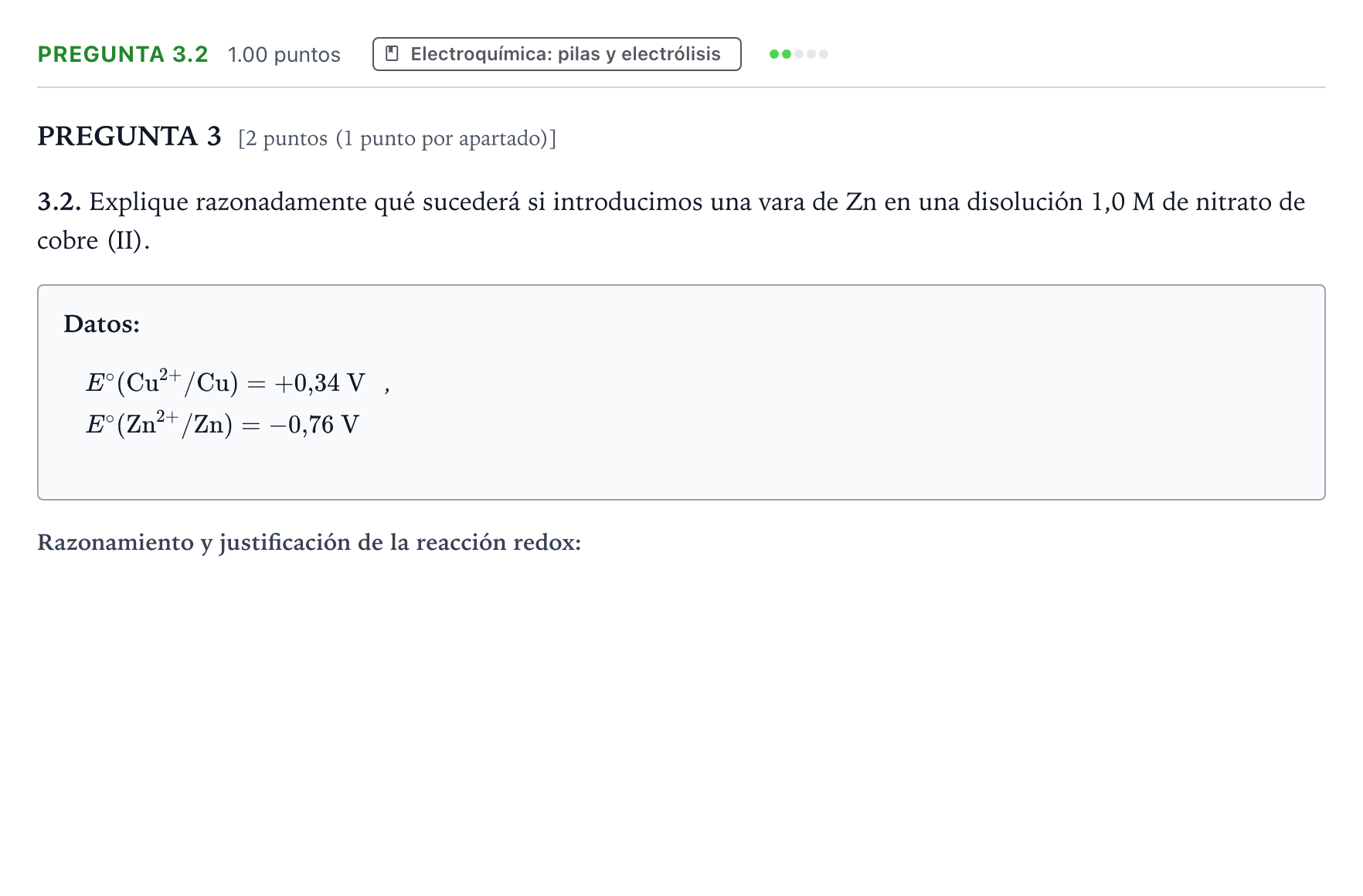 Enunciado: Pregunta 3.2 - Electroquímica · Química PAU Galicia Extraordinaria 2024