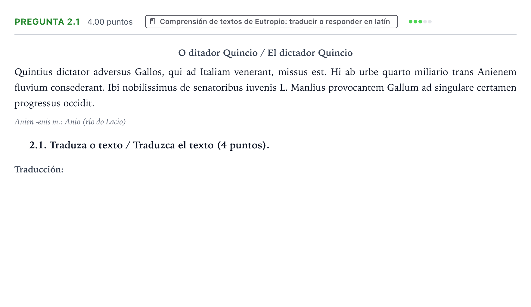 Enunciado: Pregunta 2.1 · Latín II PAU Galicia Ordinaria 2024