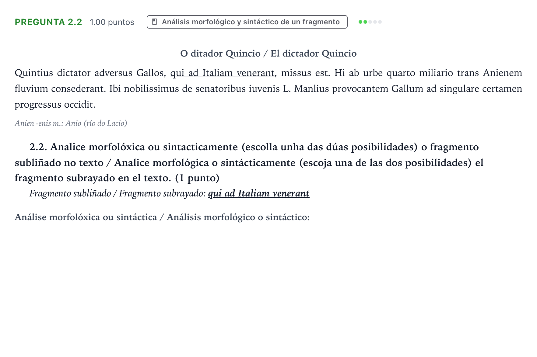 Enunciado: Pregunta 2.2 · Latín II PAU Galicia Ordinaria 2024