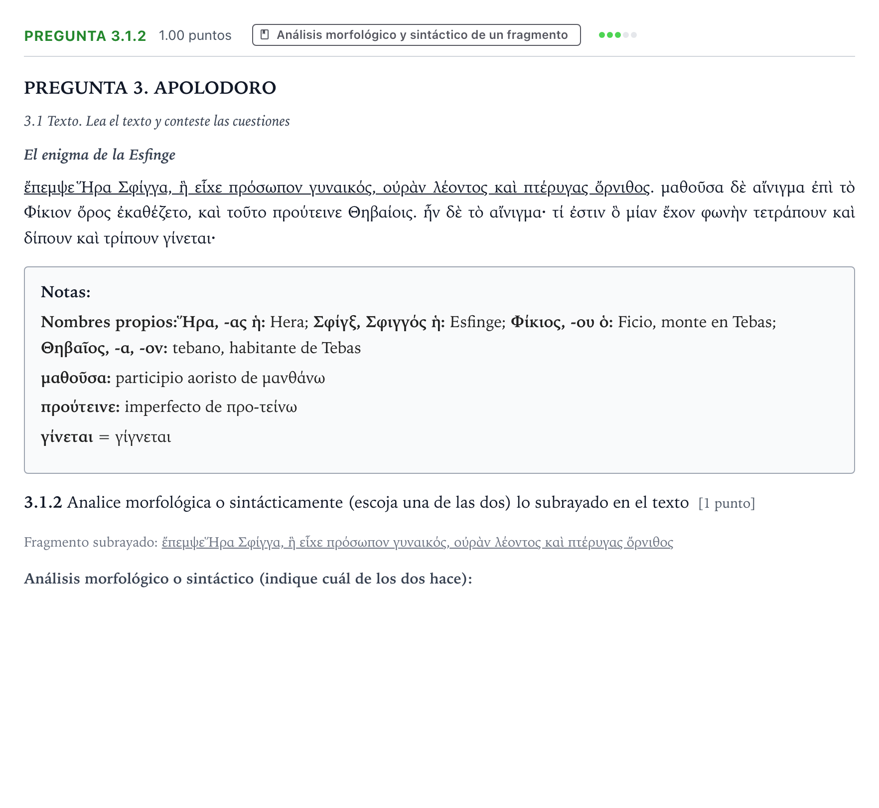 Enunciado: Pregunta 3.1.2 · Griego II PAU Galicia Extraordinaria 2024