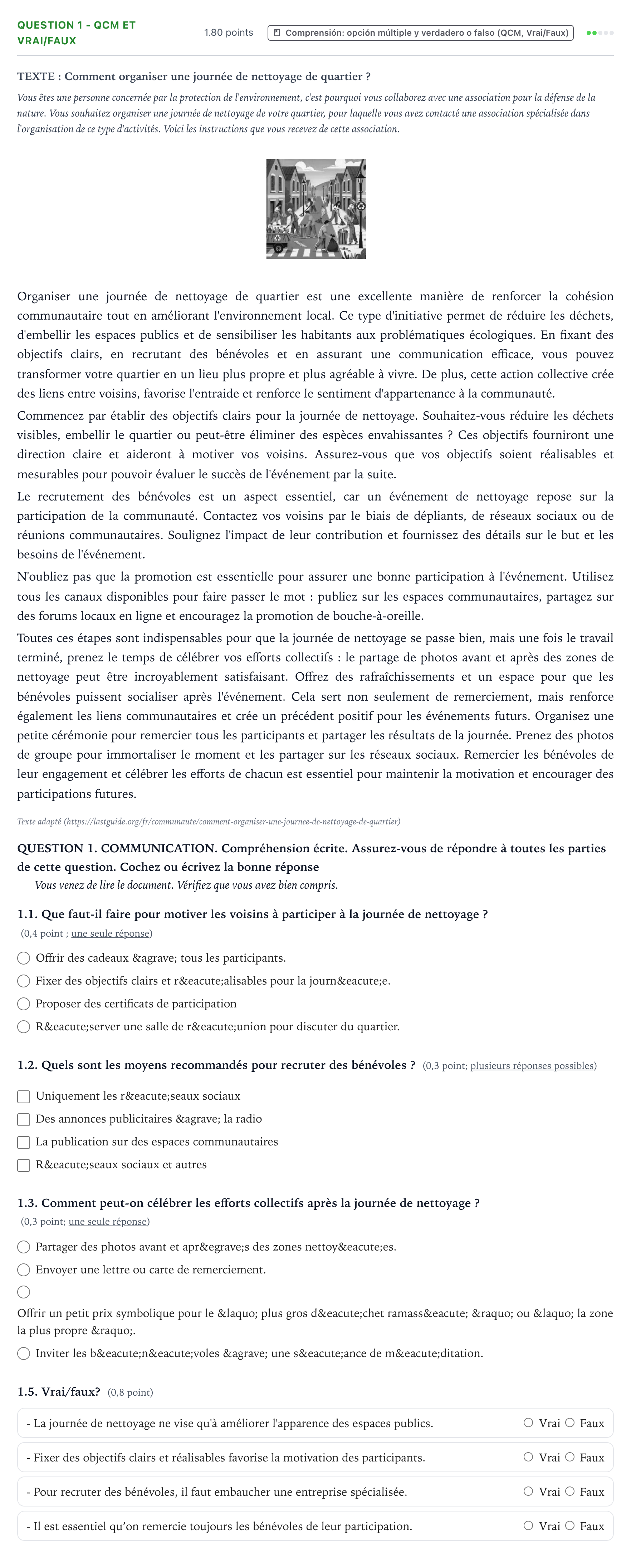 Enunciado: Question 1 - QCM et Vrai/Faux · Francés PAU Galicia Extraordinaria 2025