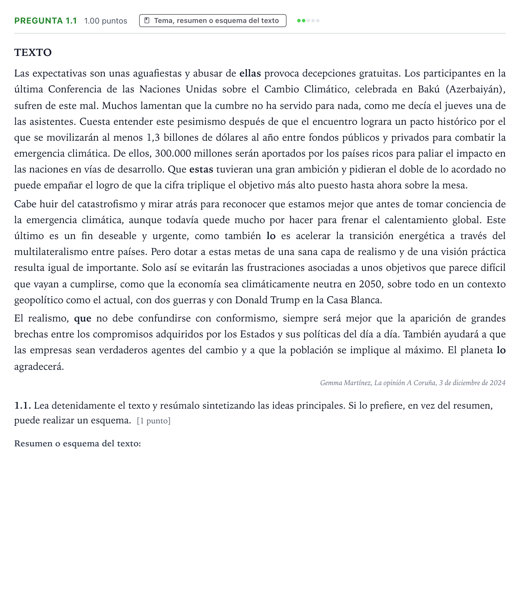 Enunciado: Pregunta 1.1 · Lengua Castellana y Literatura II PAU Galicia Extraordinaria 2025