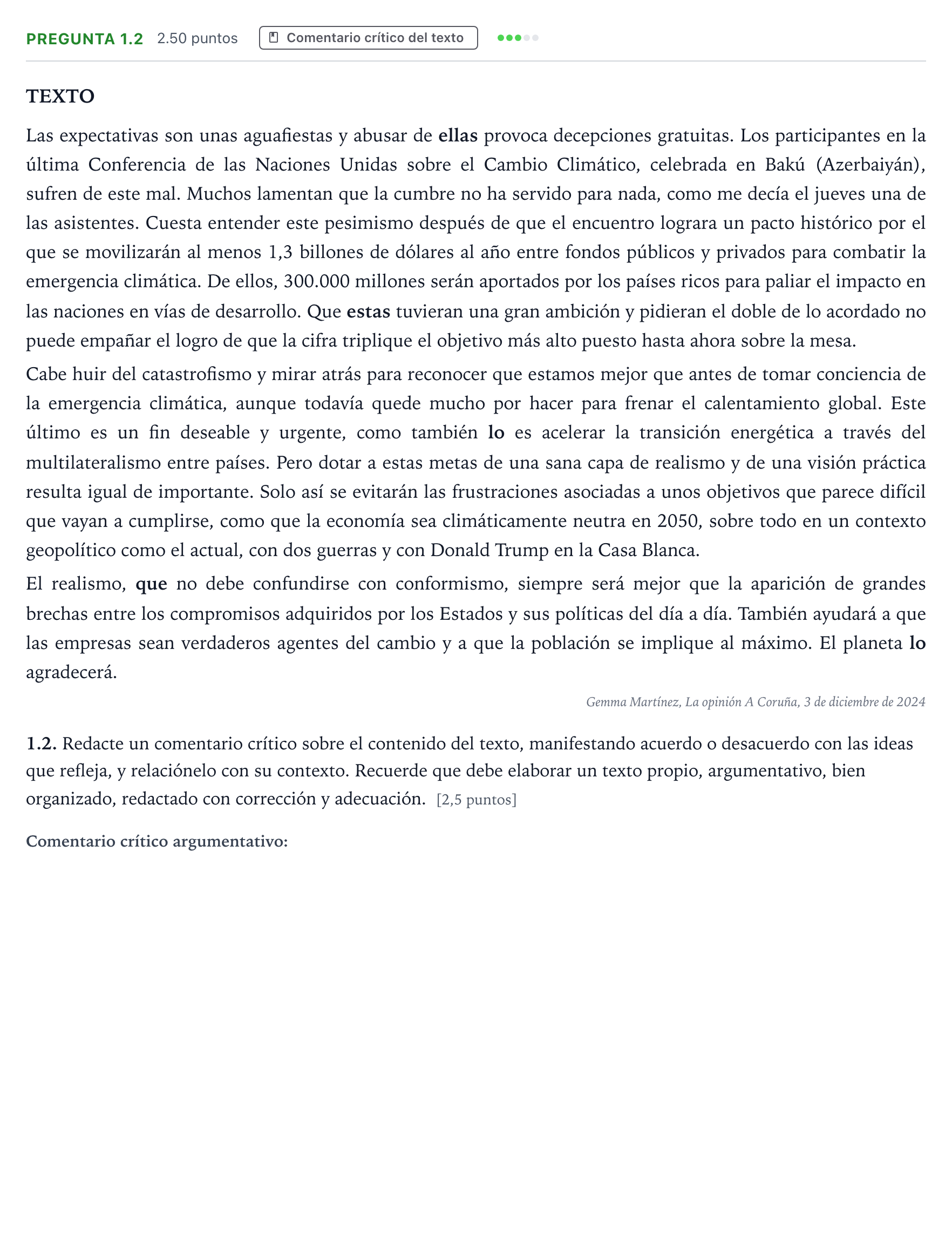 Enunciado: Pregunta 1.2 · Lengua Castellana y Literatura II PAU Galicia Extraordinaria 2025