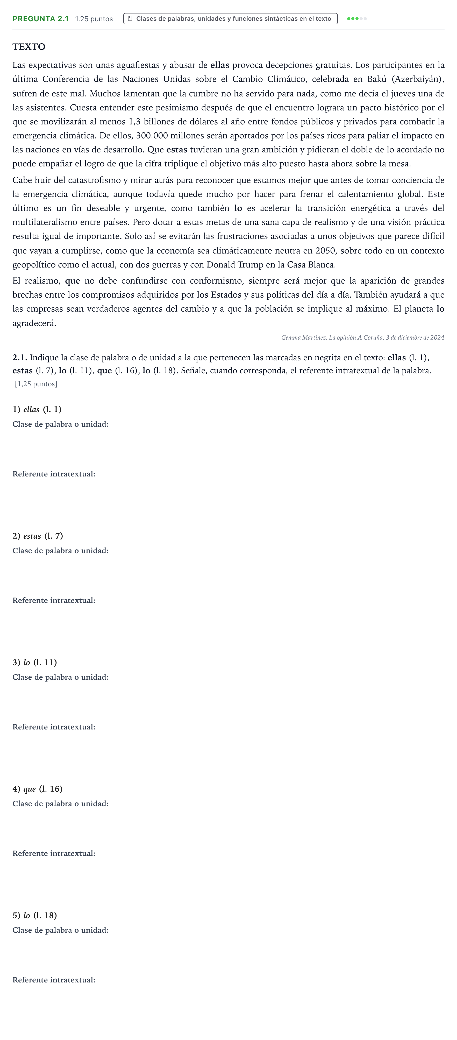 Enunciado: Pregunta 2.1 · Lengua Castellana y Literatura II PAU Galicia Extraordinaria 2025