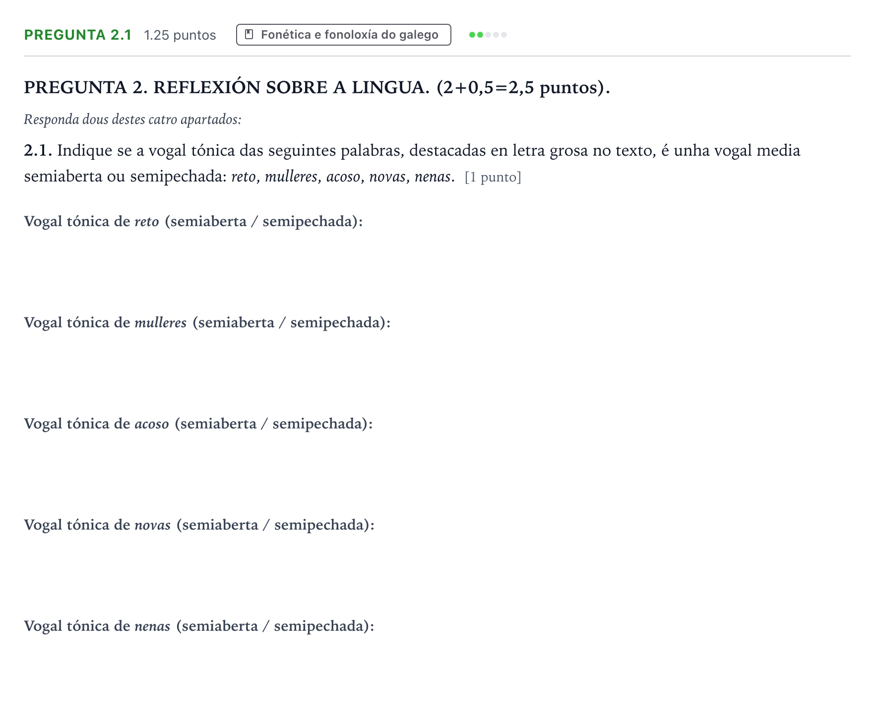 Enunciado: Pregunta 2.1 · Lingua Galega e Literatura II PAU Galicia Extraordinaria 2025