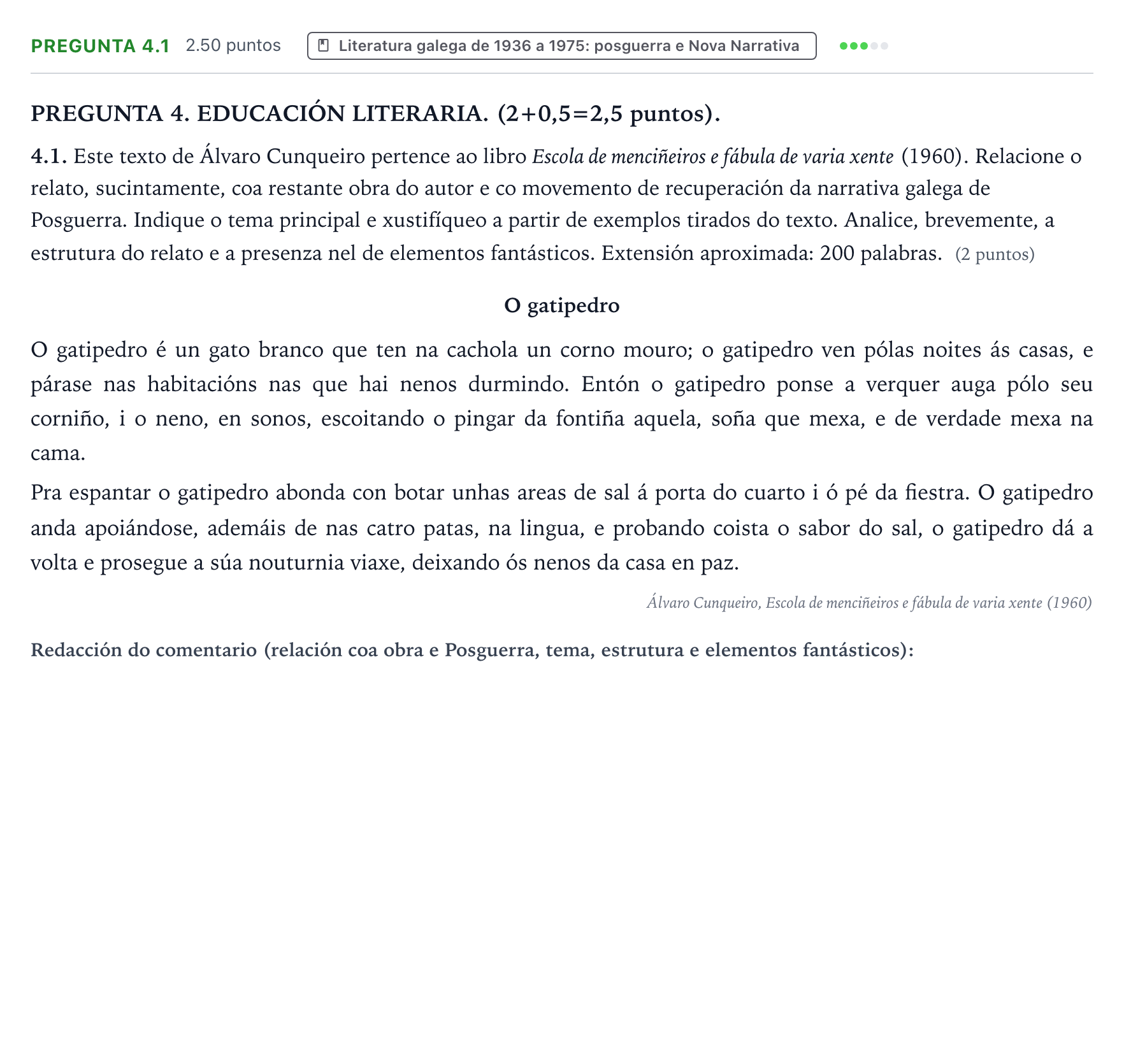 Enunciado: Pregunta 4.1 · Lingua Galega e Literatura II PAU Galicia Extraordinaria 2025
