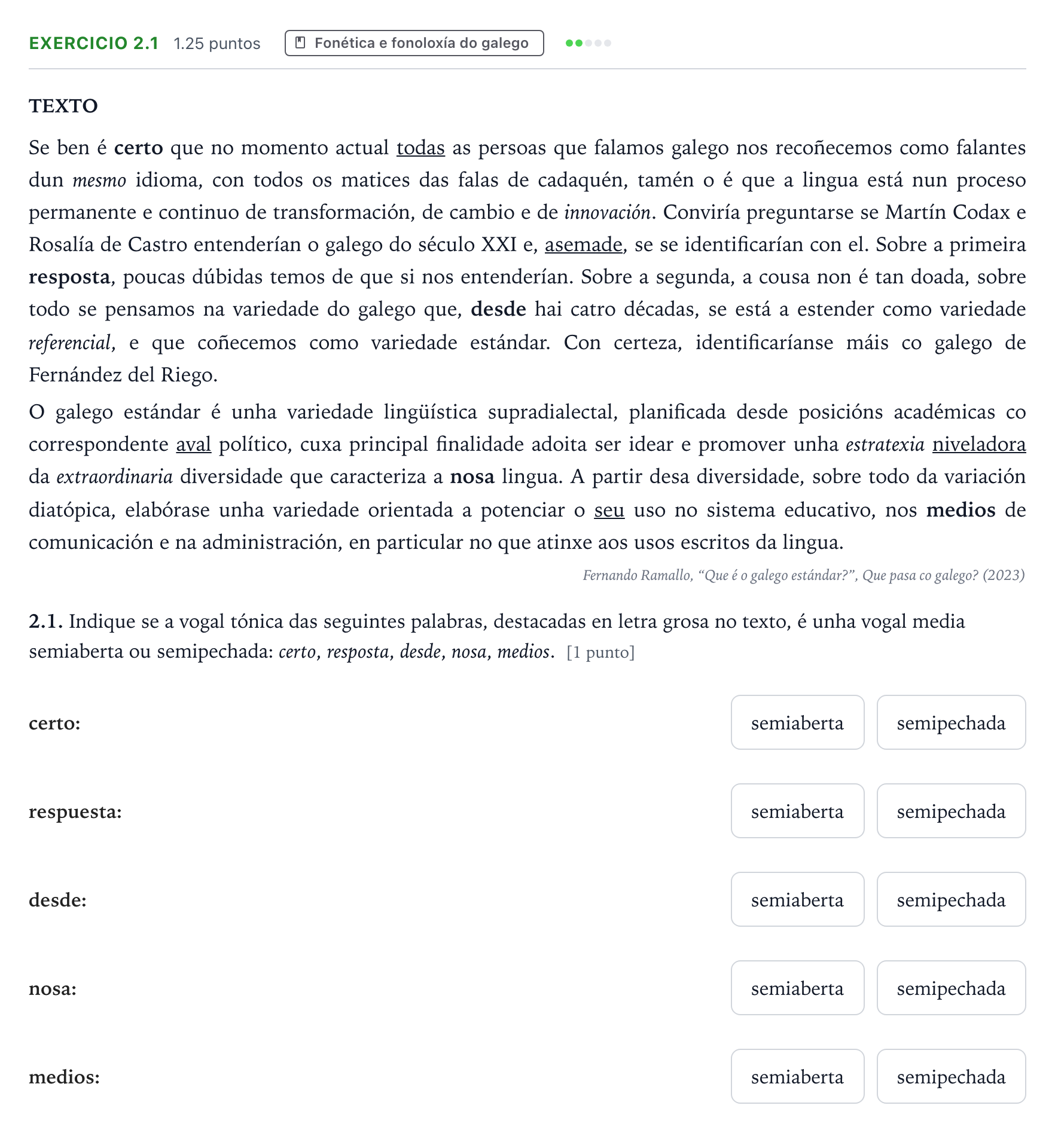 Enunciado: Ejercicio 2.1 - Fonética · Lingua Galega e Literatura II PAU Galicia Ordinaria 2025