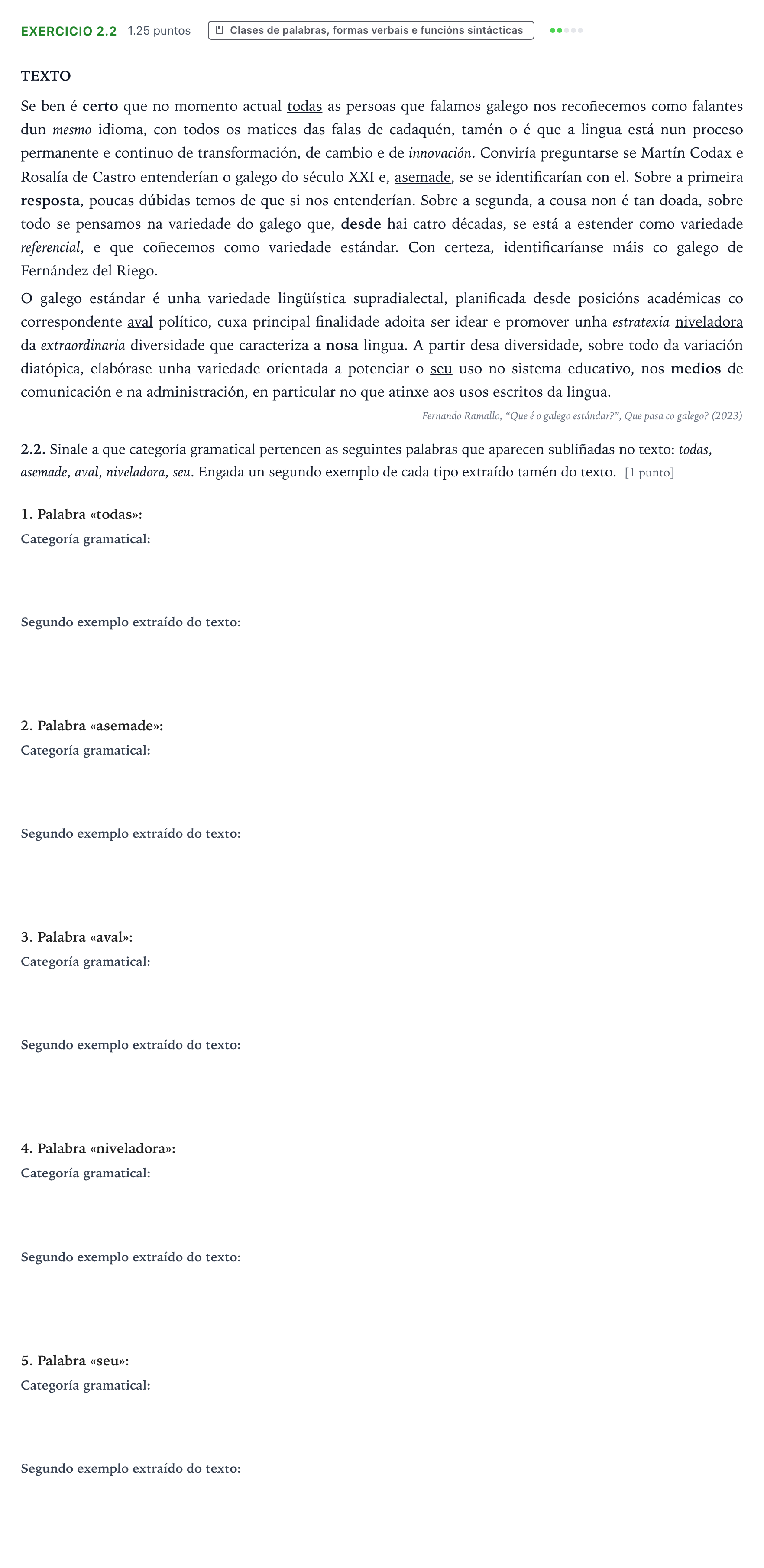 Enunciado: Ejercicio 2.2 - Clases de palabras · Lingua Galega e Literatura II PAU Galicia Ordinaria 2025