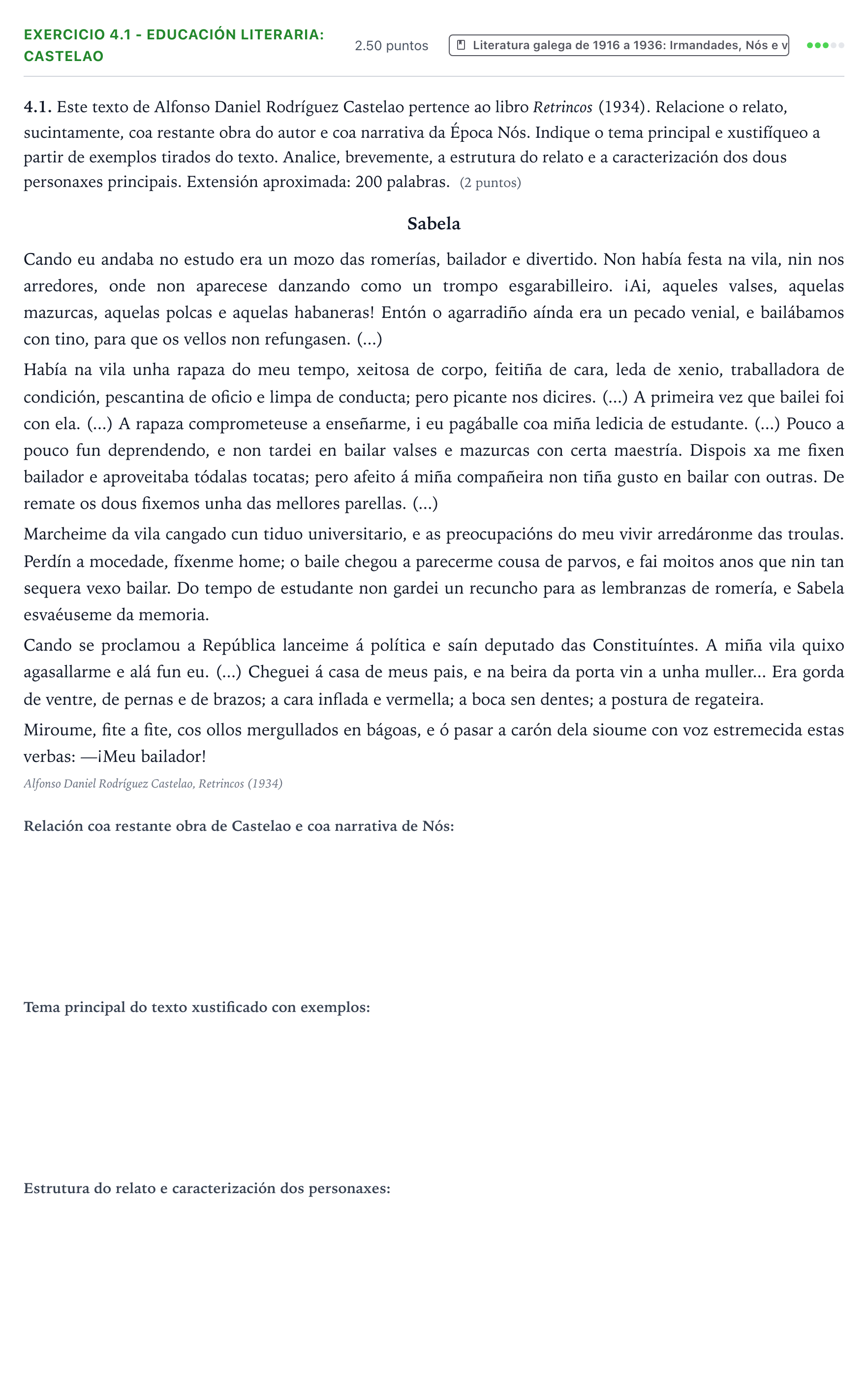 Enunciado: Ejercicio 4.1 - Educación literaria: Castelao · Lingua Galega e Literatura II PAU Galicia Ordinaria 2025