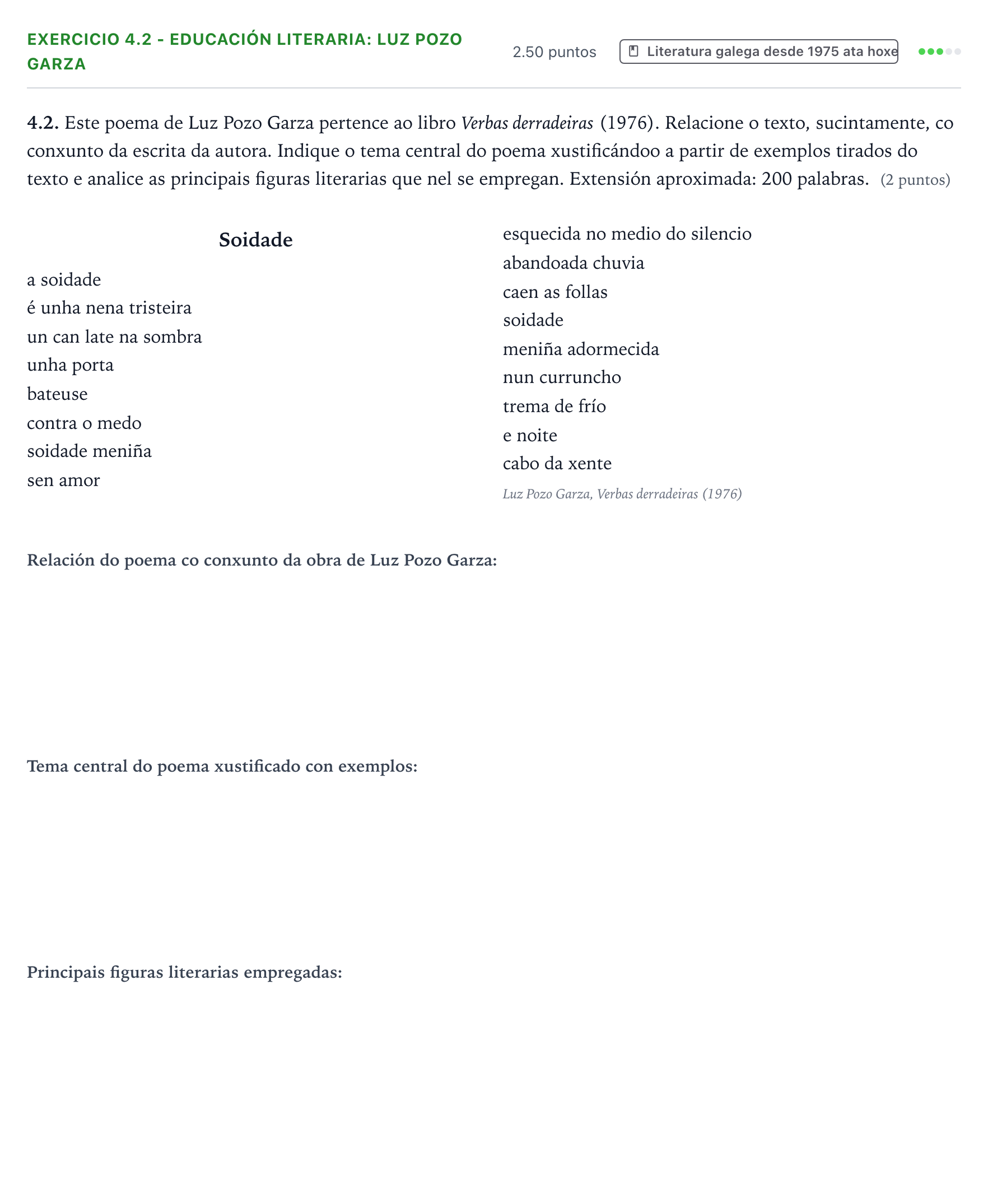 Enunciado: Ejercicio 4.2 - Educación literaria: Luz Pozo Garza · Lingua Galega e Literatura II PAU Galicia Ordinaria 2025