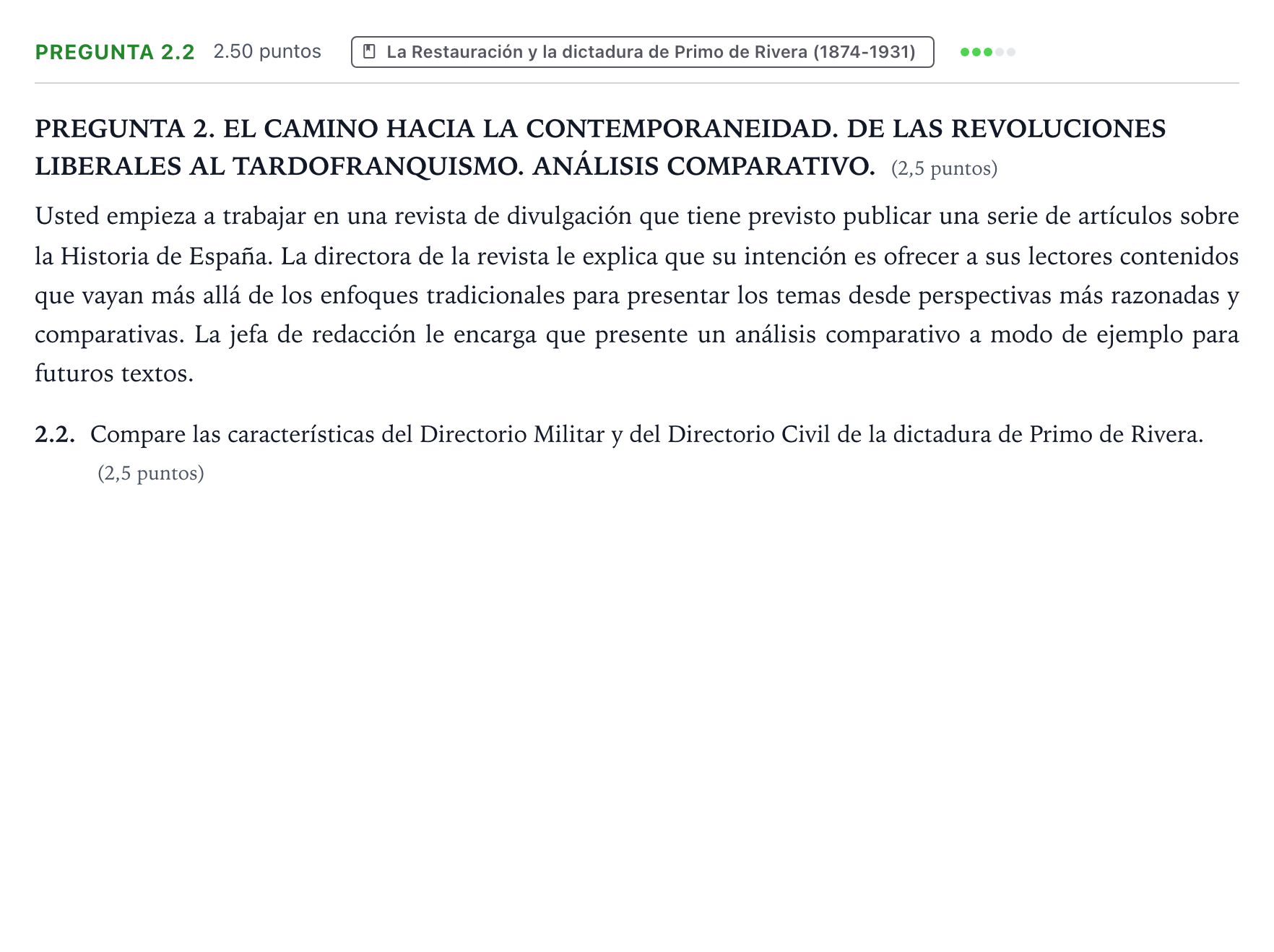 Enunciado: Pregunta 2.2 · Historia de España PAU Galicia Ordinaria 2025