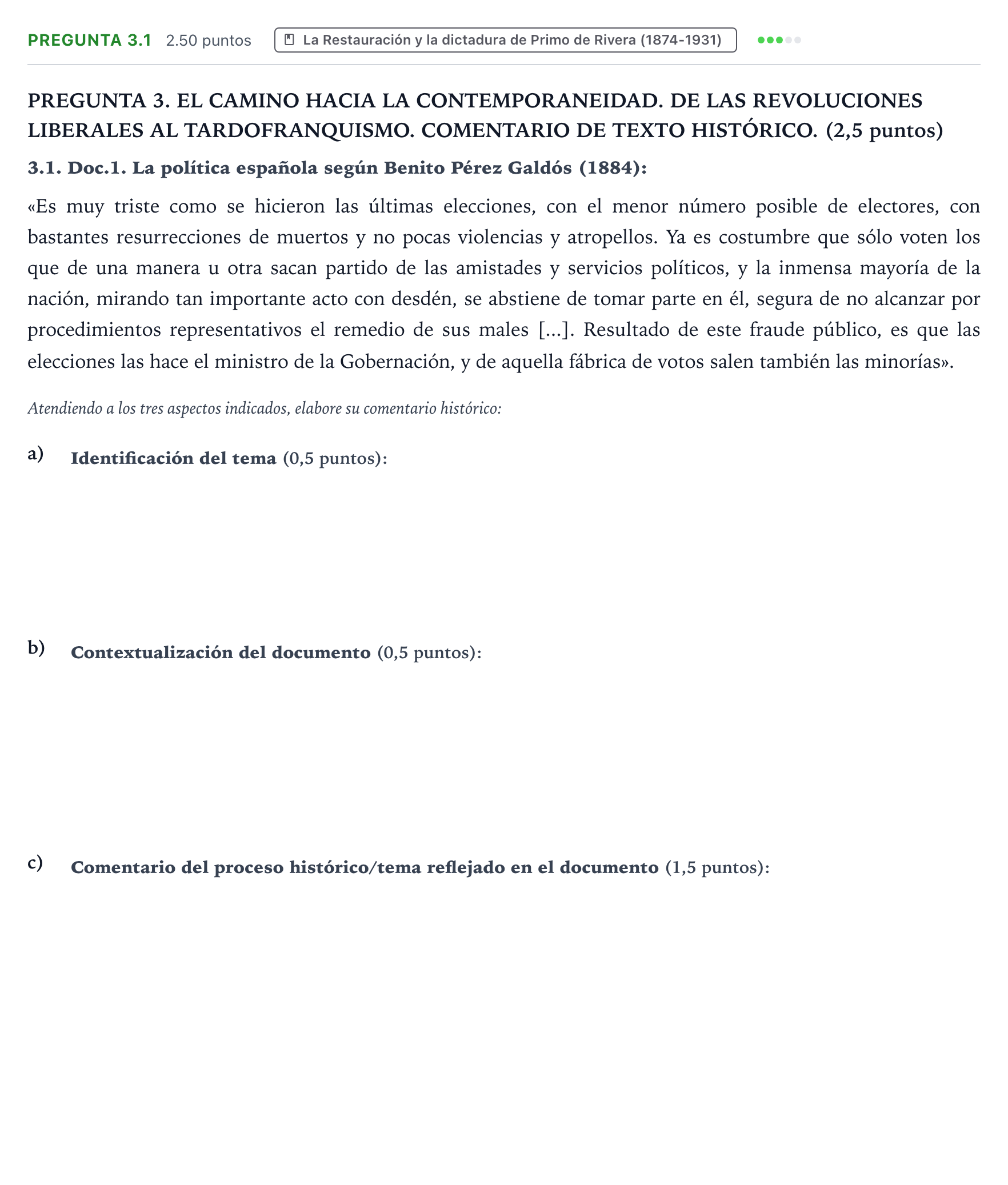Enunciado: Pregunta 3.1 · Historia de España PAU Galicia Ordinaria 2025