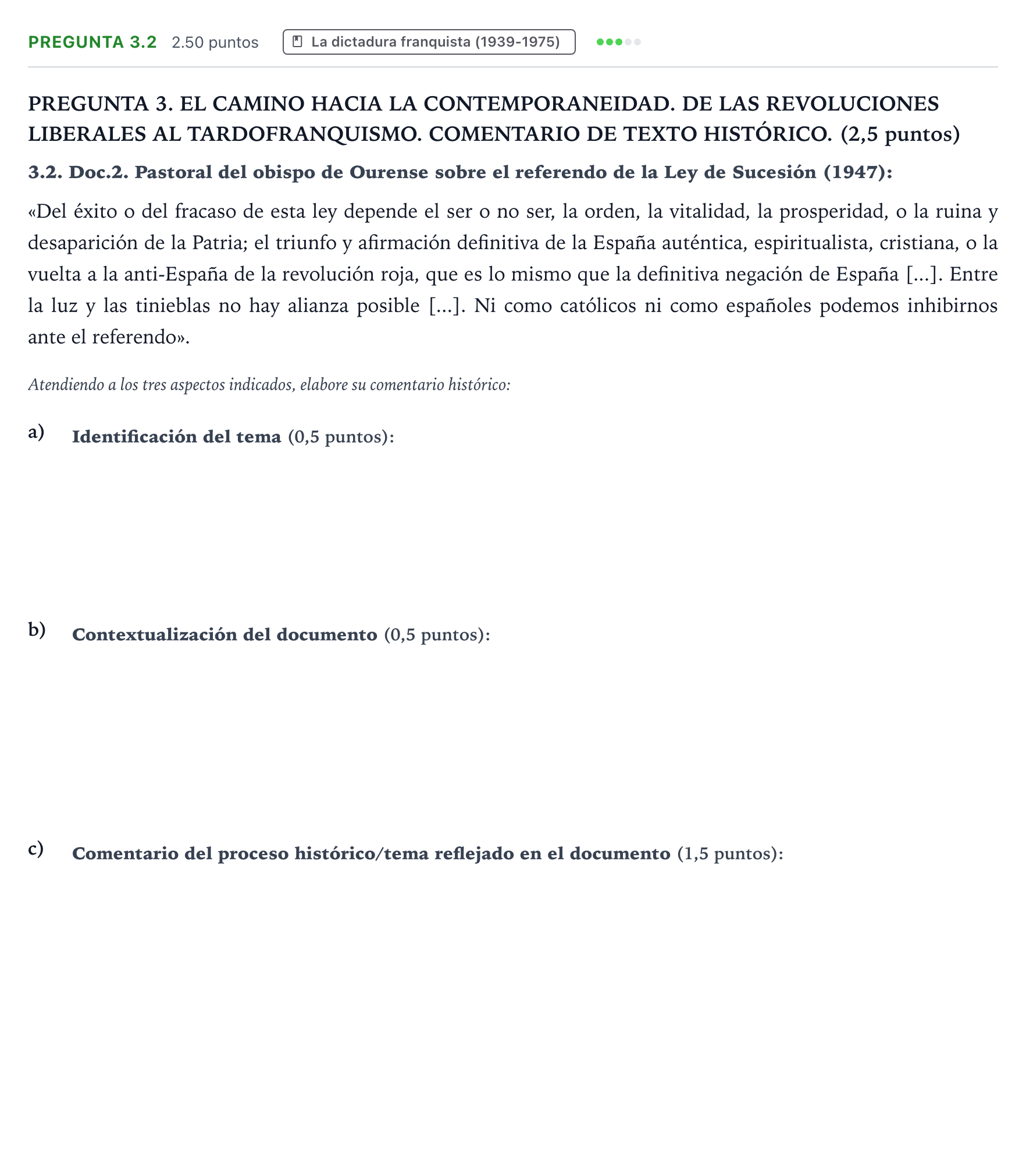 Enunciado: Pregunta 3.2 · Historia de España PAU Galicia Ordinaria 2025