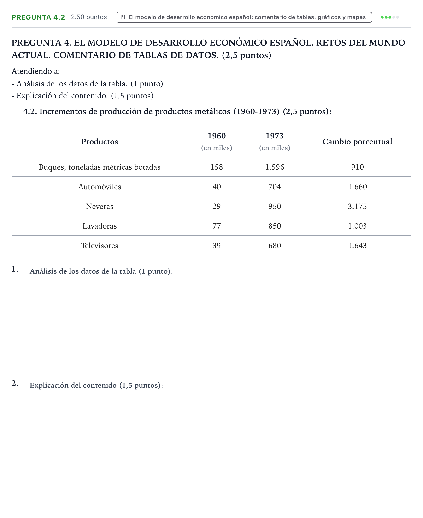 Enunciado: Pregunta 4.2 · Historia de España PAU Galicia Ordinaria 2025