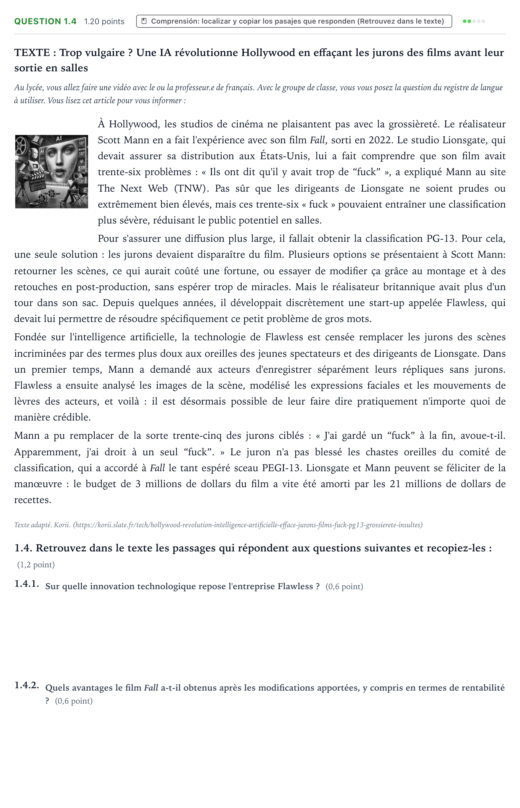 Enunciado: Question 1.4 · Francés PAU Galicia Ordinaria 2025