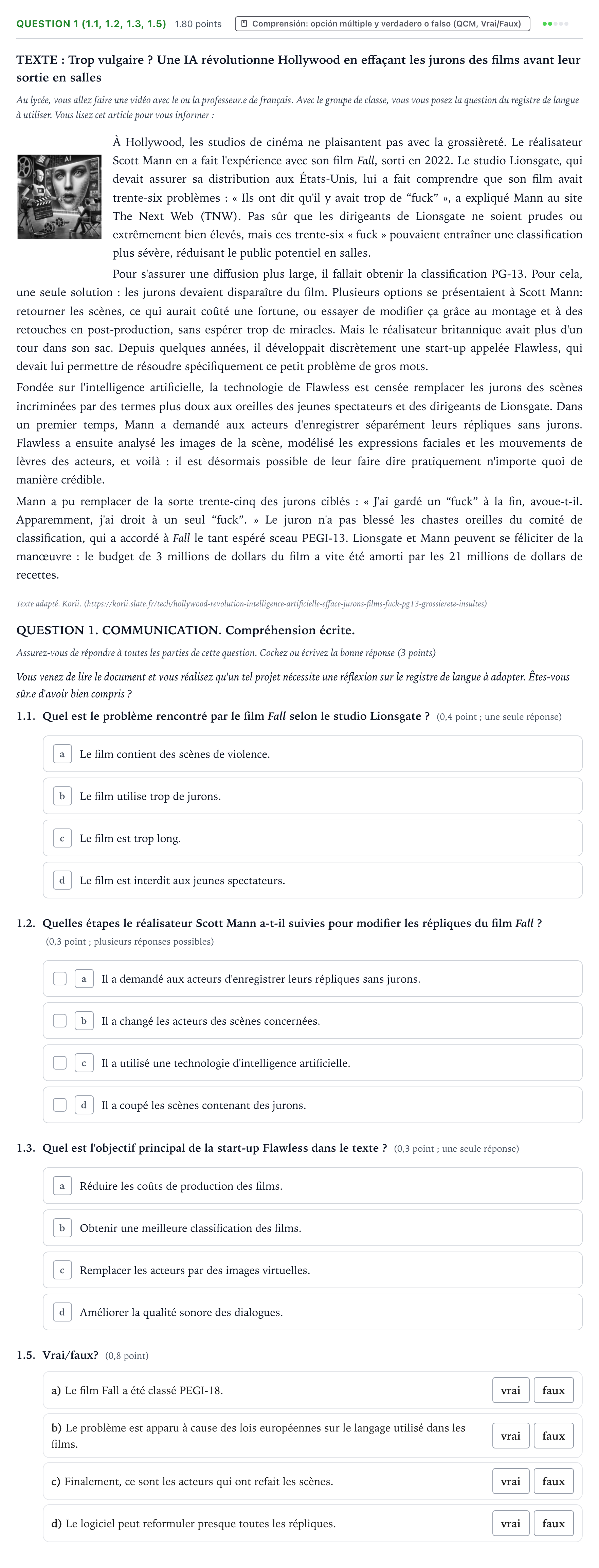 Enunciado: Question 1 (1.1, 1.2, 1.3, 1.5) · Francés PAU Galicia Ordinaria 2025