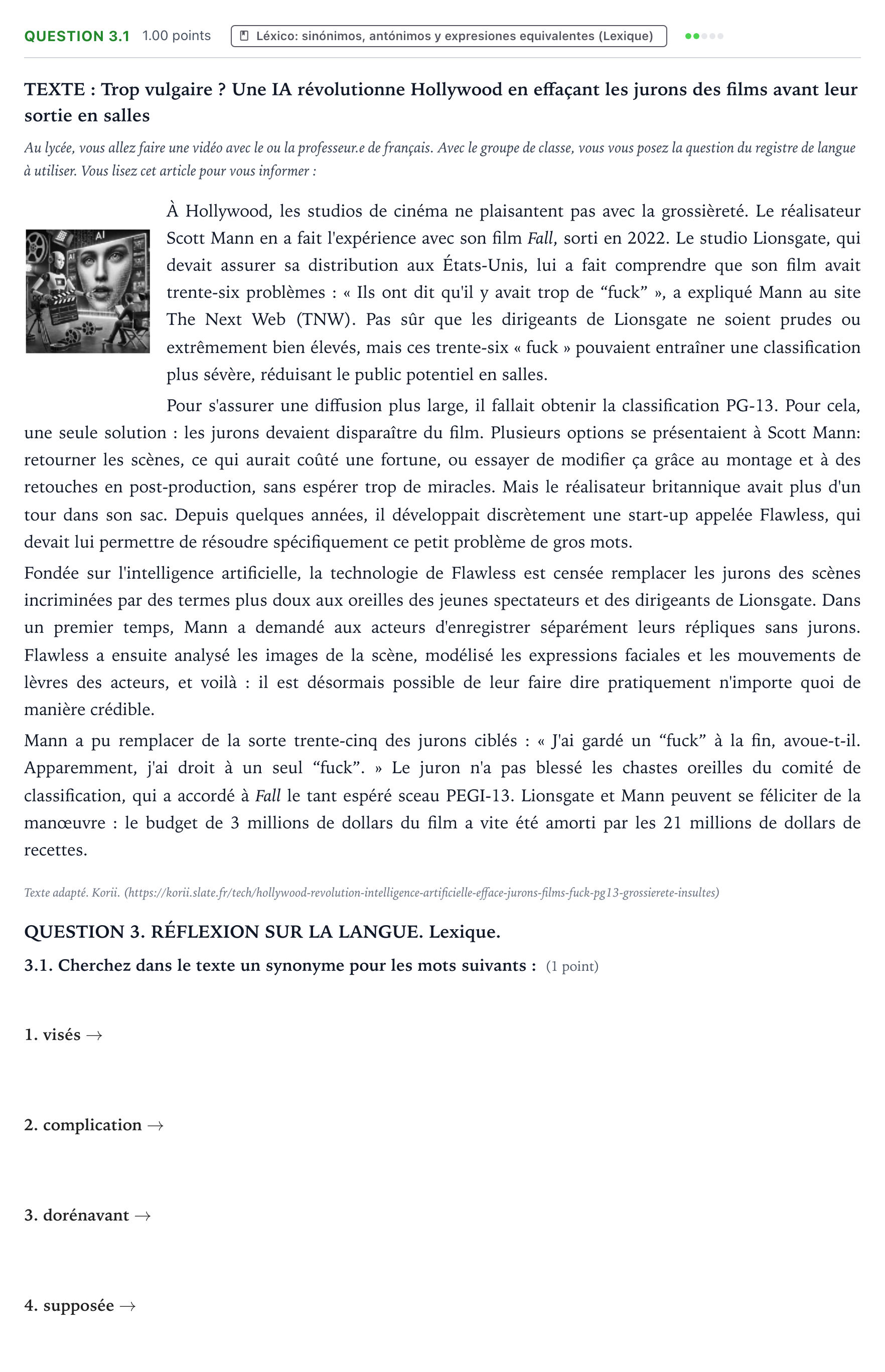 Enunciado: Question 3.1 · Francés PAU Galicia Ordinaria 2025