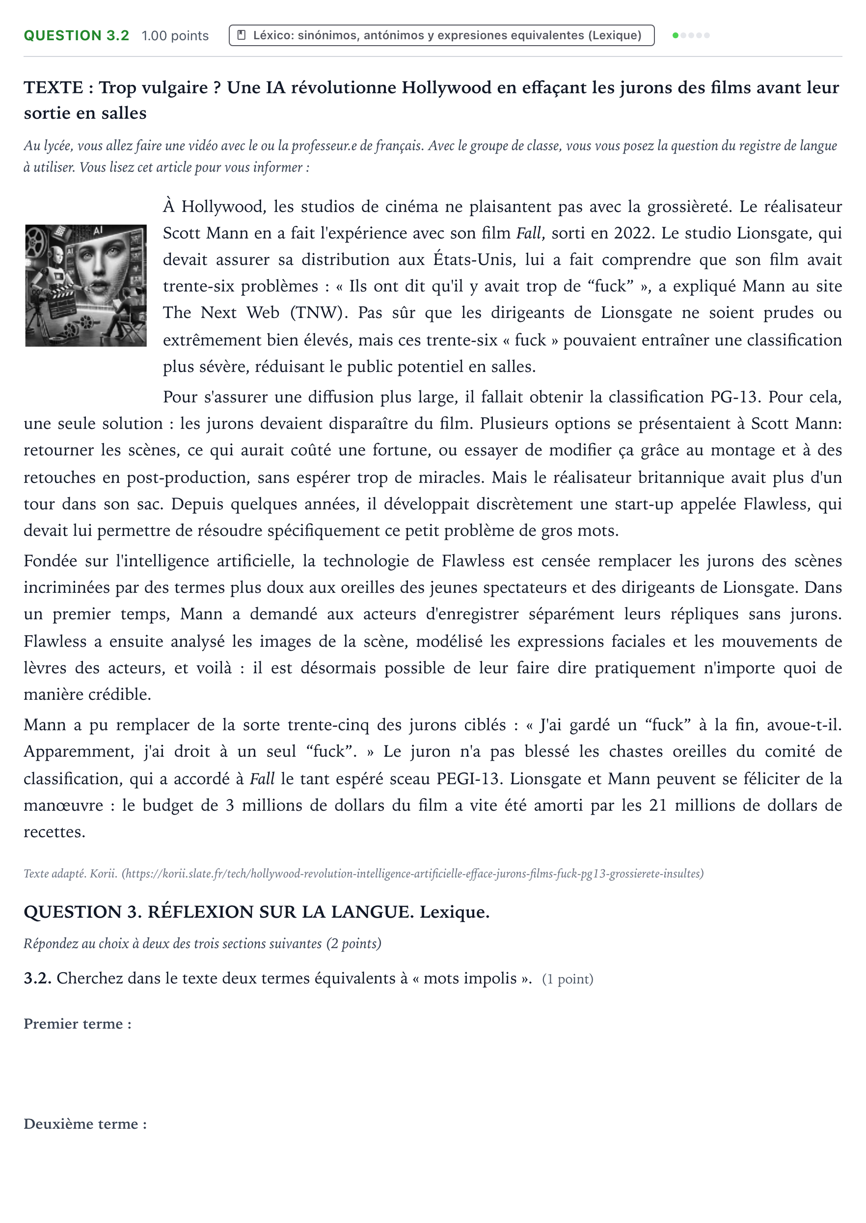 Enunciado: Question 3.2 · Francés PAU Galicia Ordinaria 2025