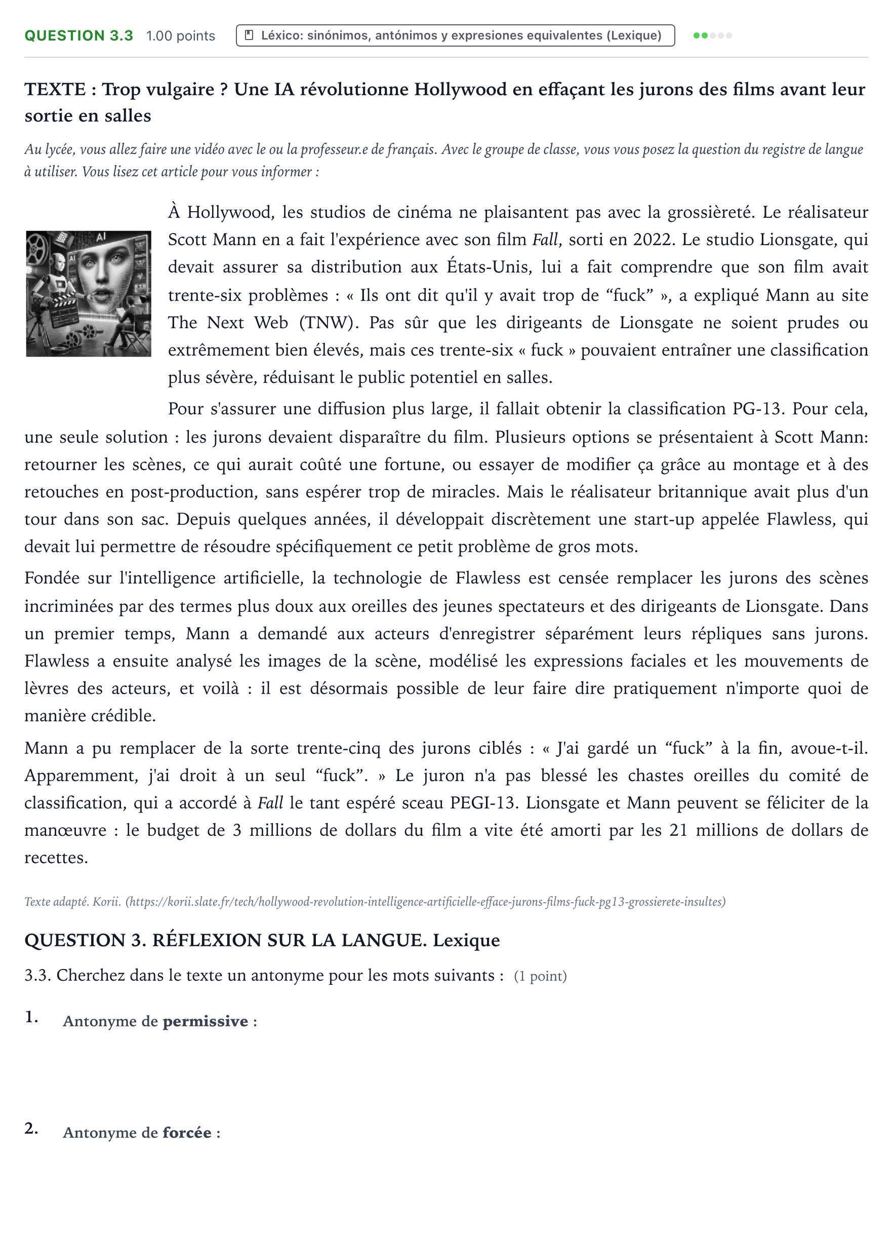 Enunciado: Question 3.3 · Francés PAU Galicia Ordinaria 2025