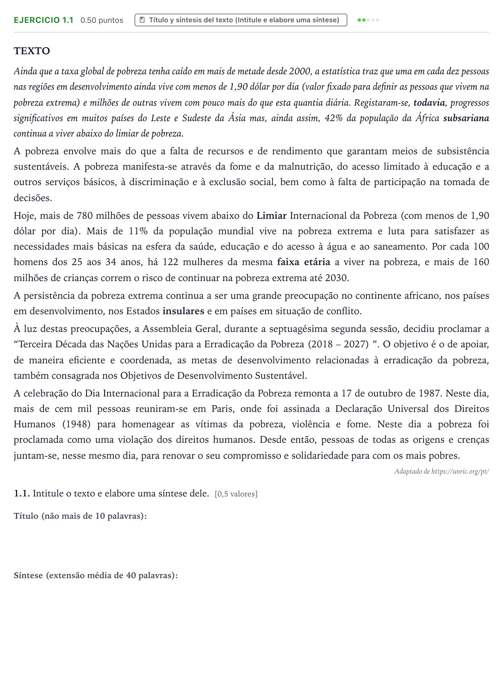 Enunciado: Ejercicio 1.1 · Portugués PAU Galicia Extraordinaria 2025