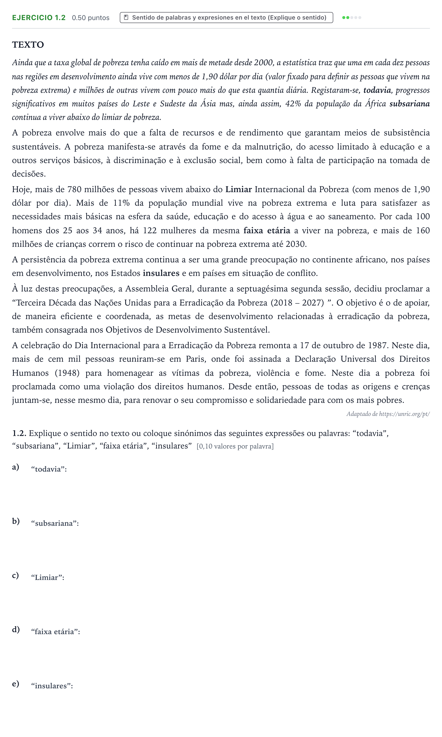 Enunciado: Ejercicio 1.2 · Portugués PAU Galicia Extraordinaria 2025