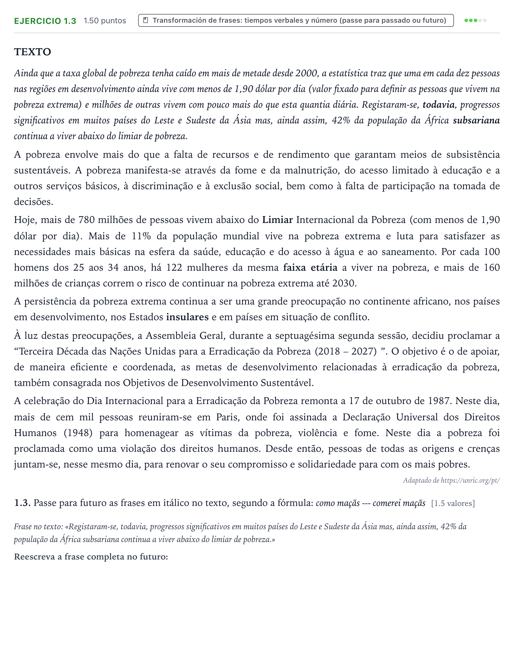 Enunciado: Ejercicio 1.3 · Portugués PAU Galicia Extraordinaria 2025