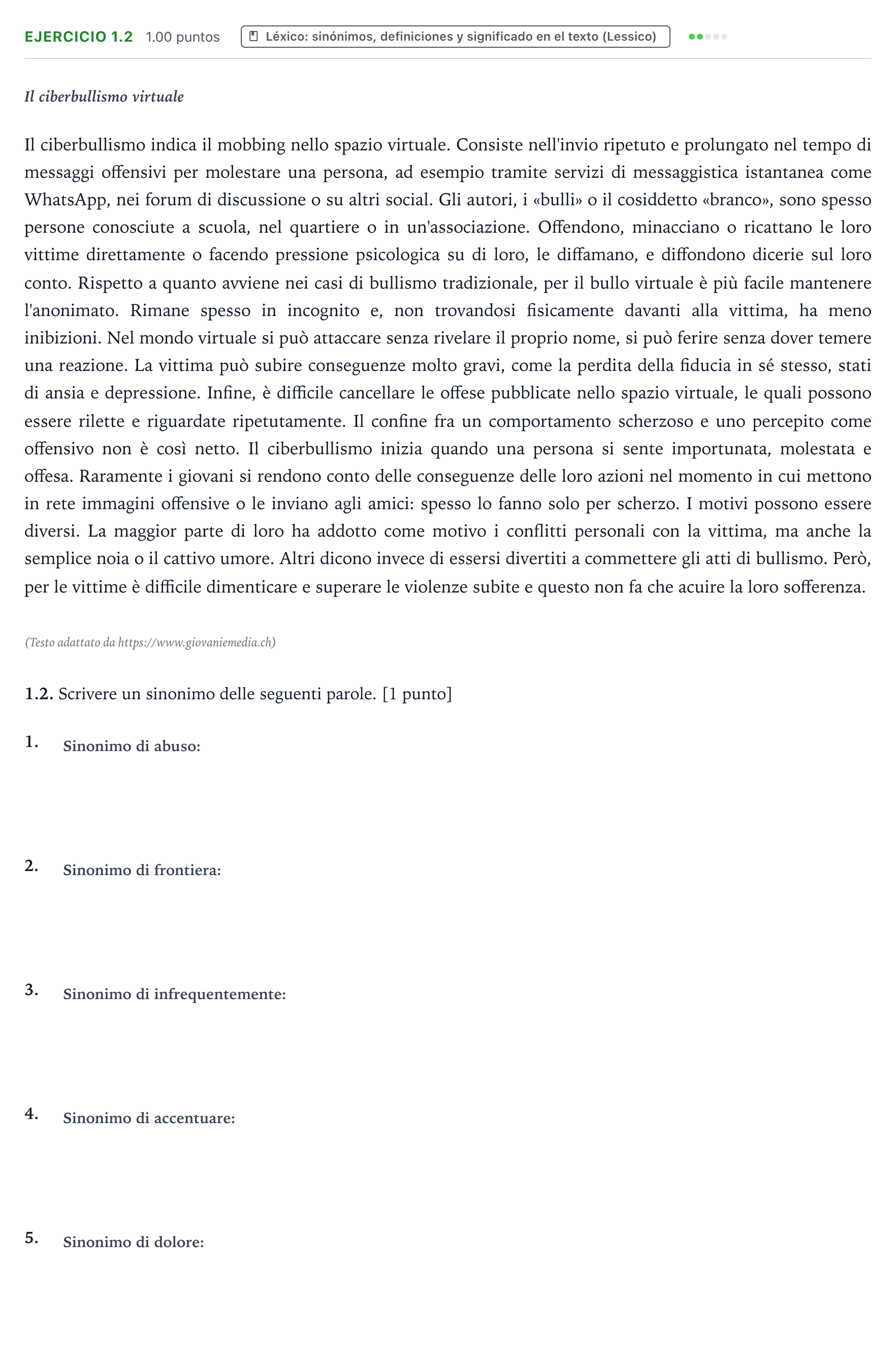 Enunciado: Ejercicio 1.2 · Italiano PAU Galicia Extraordinaria 2025