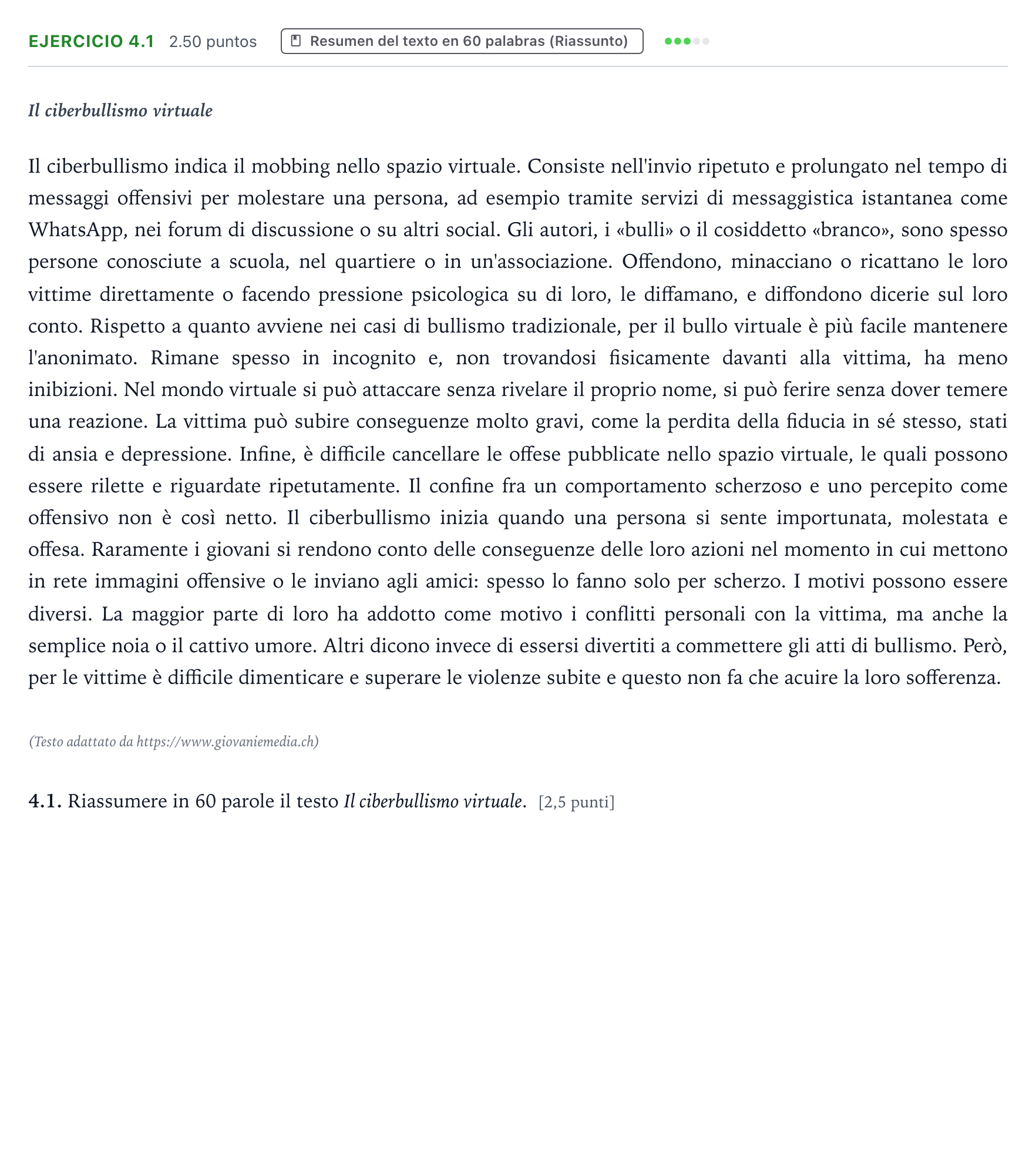 Enunciado: Ejercicio 4.1 · Italiano PAU Galicia Extraordinaria 2025