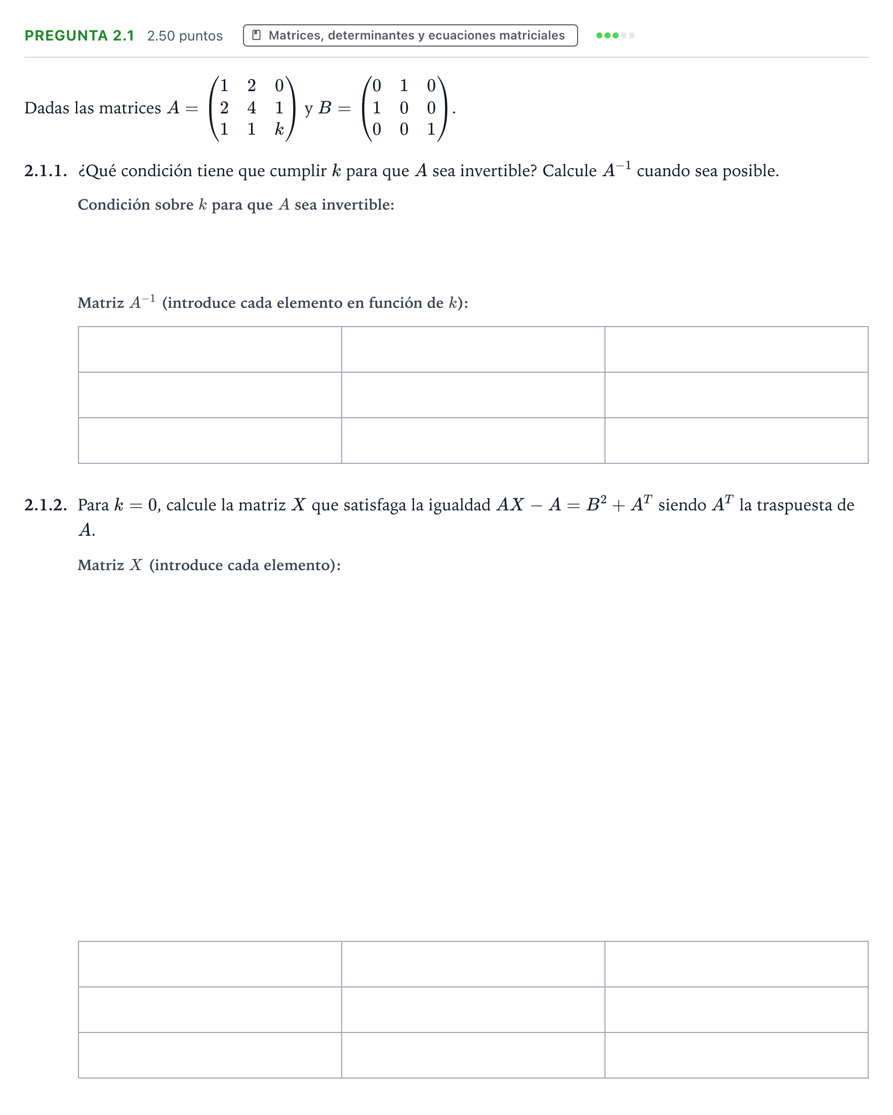 Enunciado: Pregunta 2.1 · Matemáticas II PAU Galicia Extraordinaria 2025