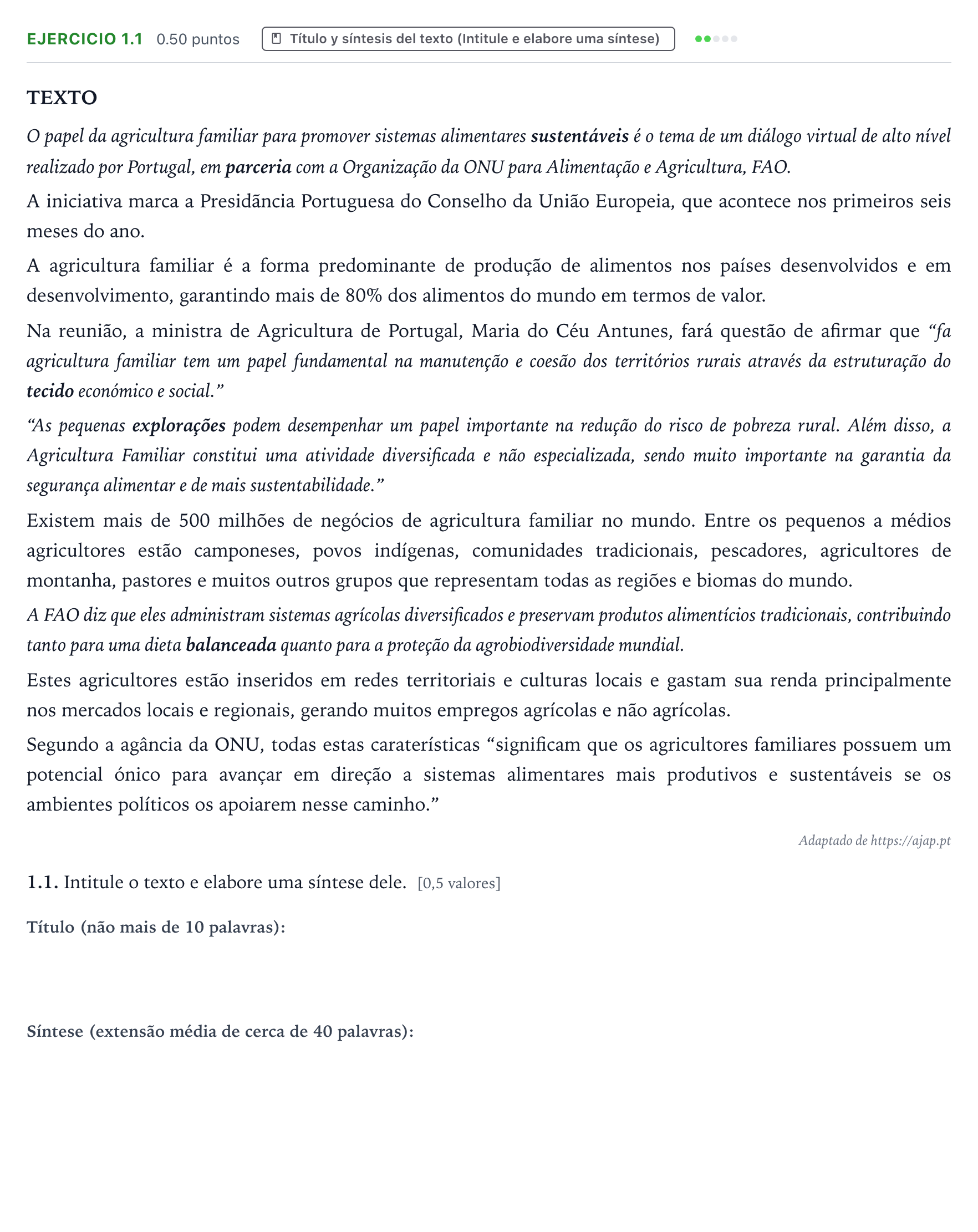 Enunciado: Ejercicio 1.1 · Portugués PAU Galicia Ordinaria 2025