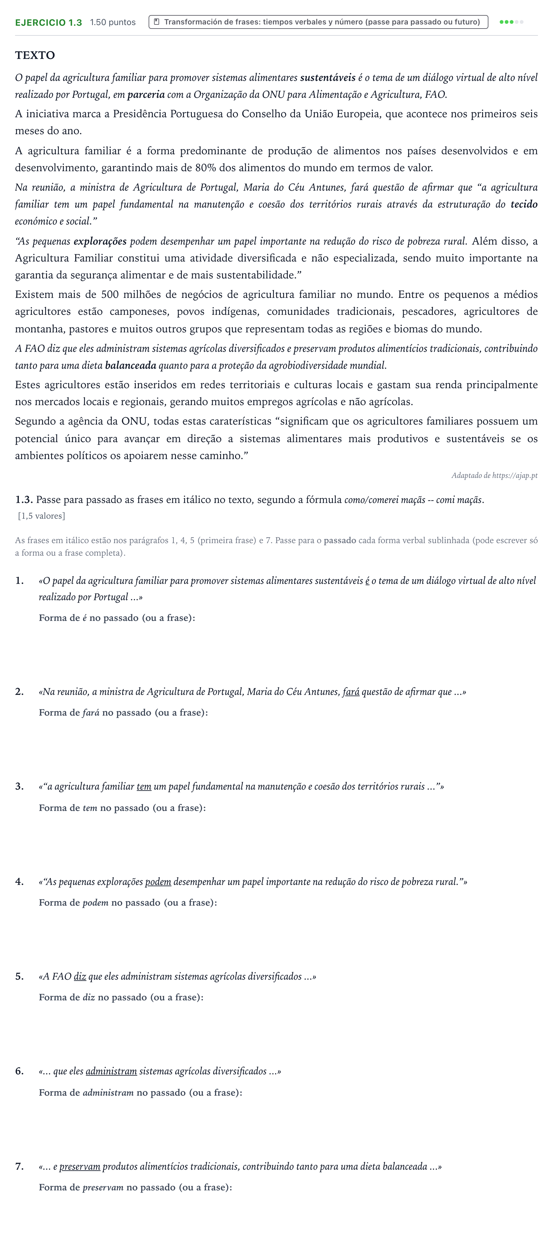 Enunciado: Ejercicio 1.3 · Portugués PAU Galicia Ordinaria 2025